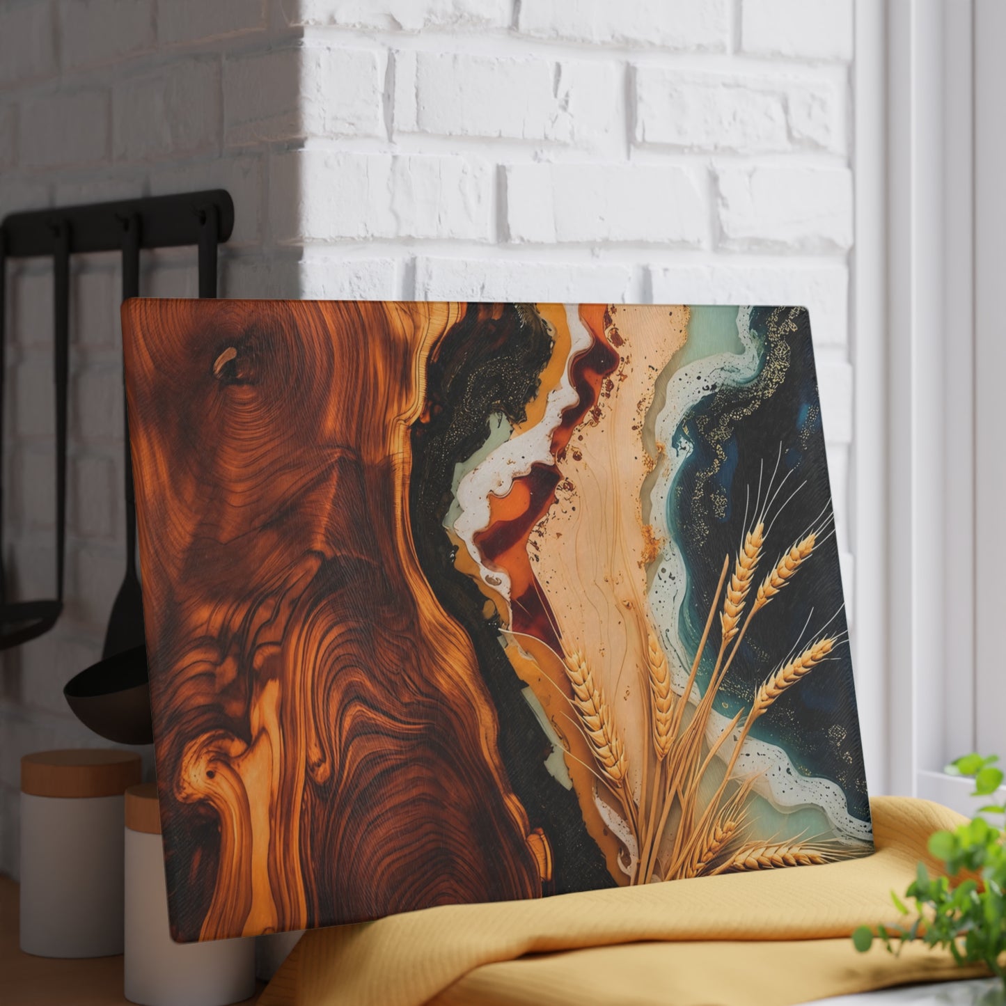 Personalized Wood & Resin Style Glass Cutting Board (Faux Wood & Epoxy Design – Tempered Glass)