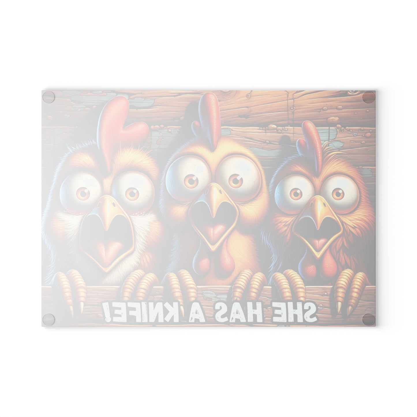🐔🔪 “She Has a Knife!” Glass Cutting Board – Farmhouse Fun with a Spooky Twist