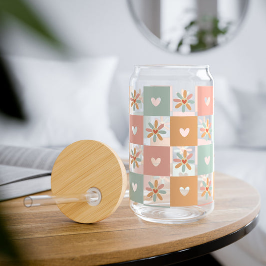 🧡🌼 Pastel Hearts & Flowers Sipper Glass – Retro Charm for Every Sip 💗✨