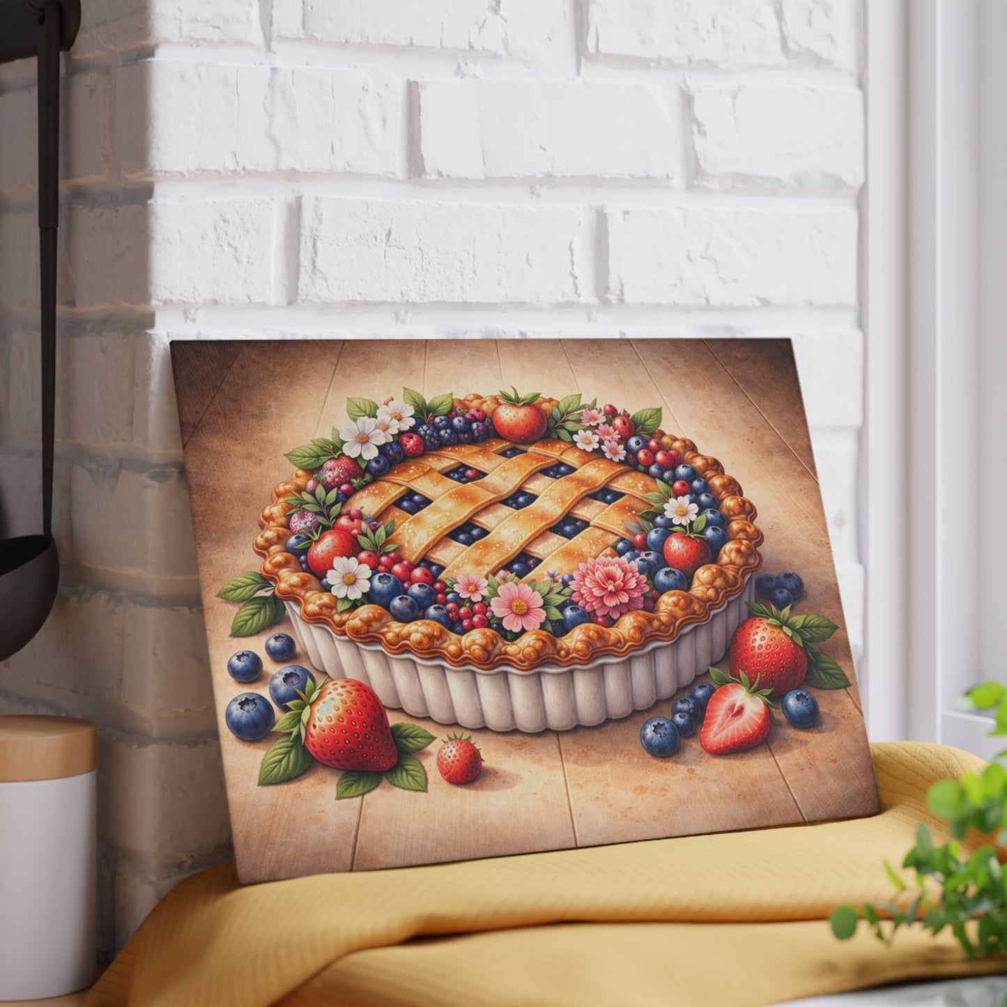 Berry Blossom Pie Glass Cutting Board – Vintage Farmhouse Dessert Kitchen Art
