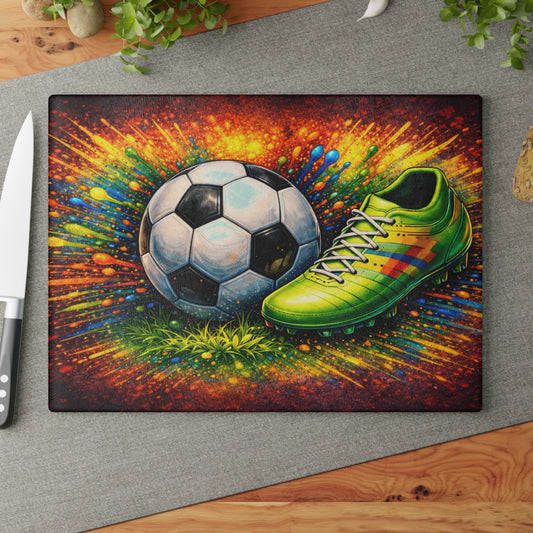 Soccer Ball and Cleat Color Burst Glass Cutting Board – Vibrant Sports Kitchen Decor