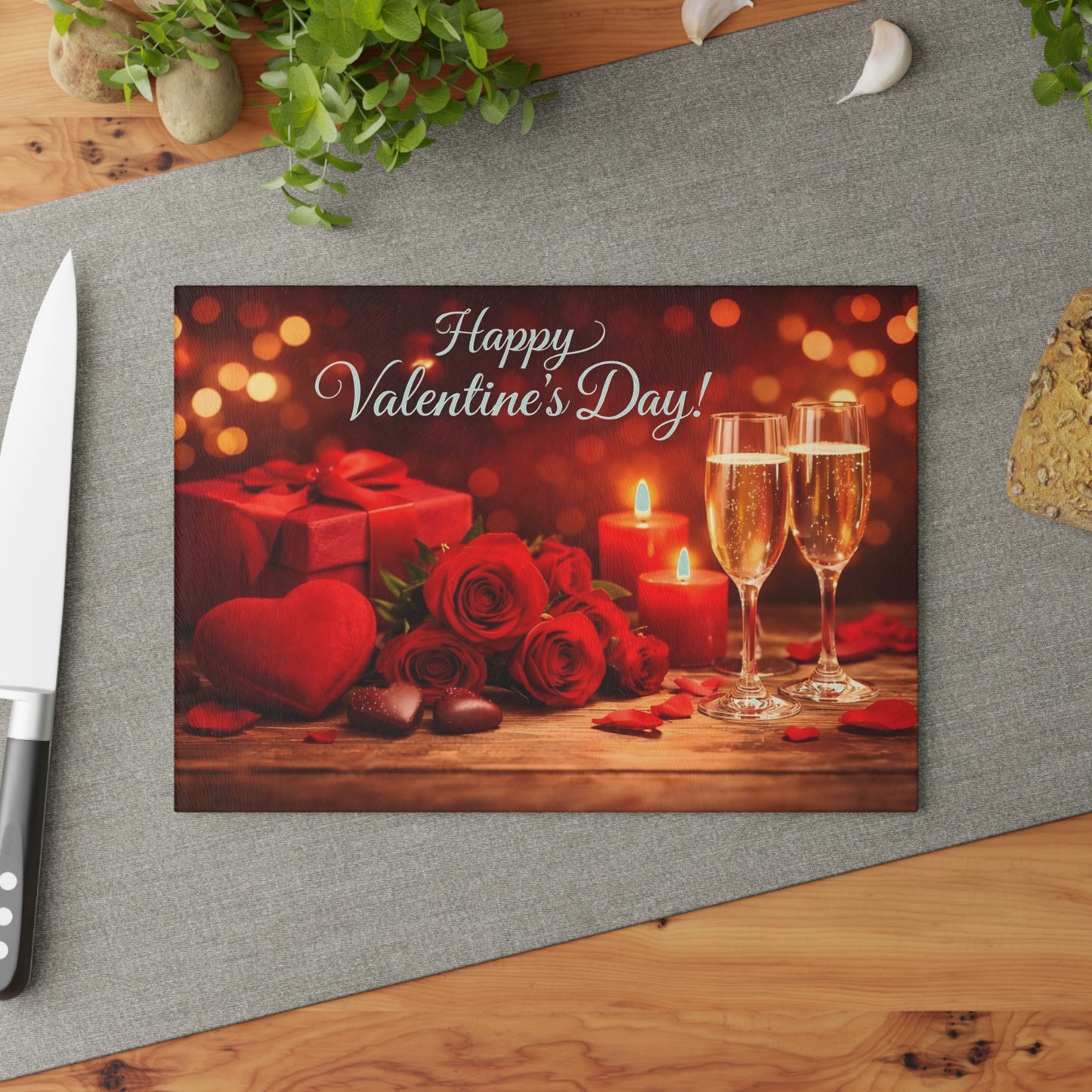 Happy Valentine’s Day Champagne & Roses Glass Cutting Board – Romantic Evening Kitchen Accent