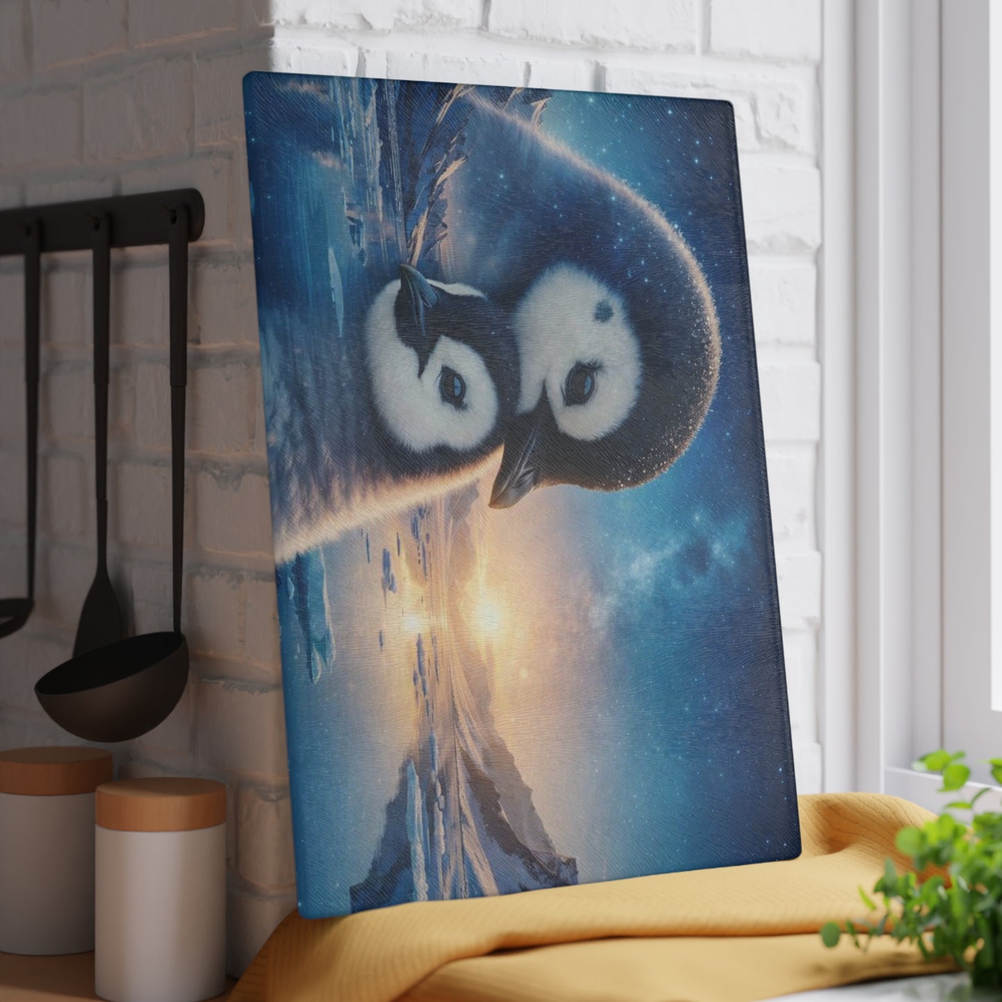 Arctic Penguin Family Northern Sky Glass Cutting Board – Peaceful Polar Wildlife Kitchen Art