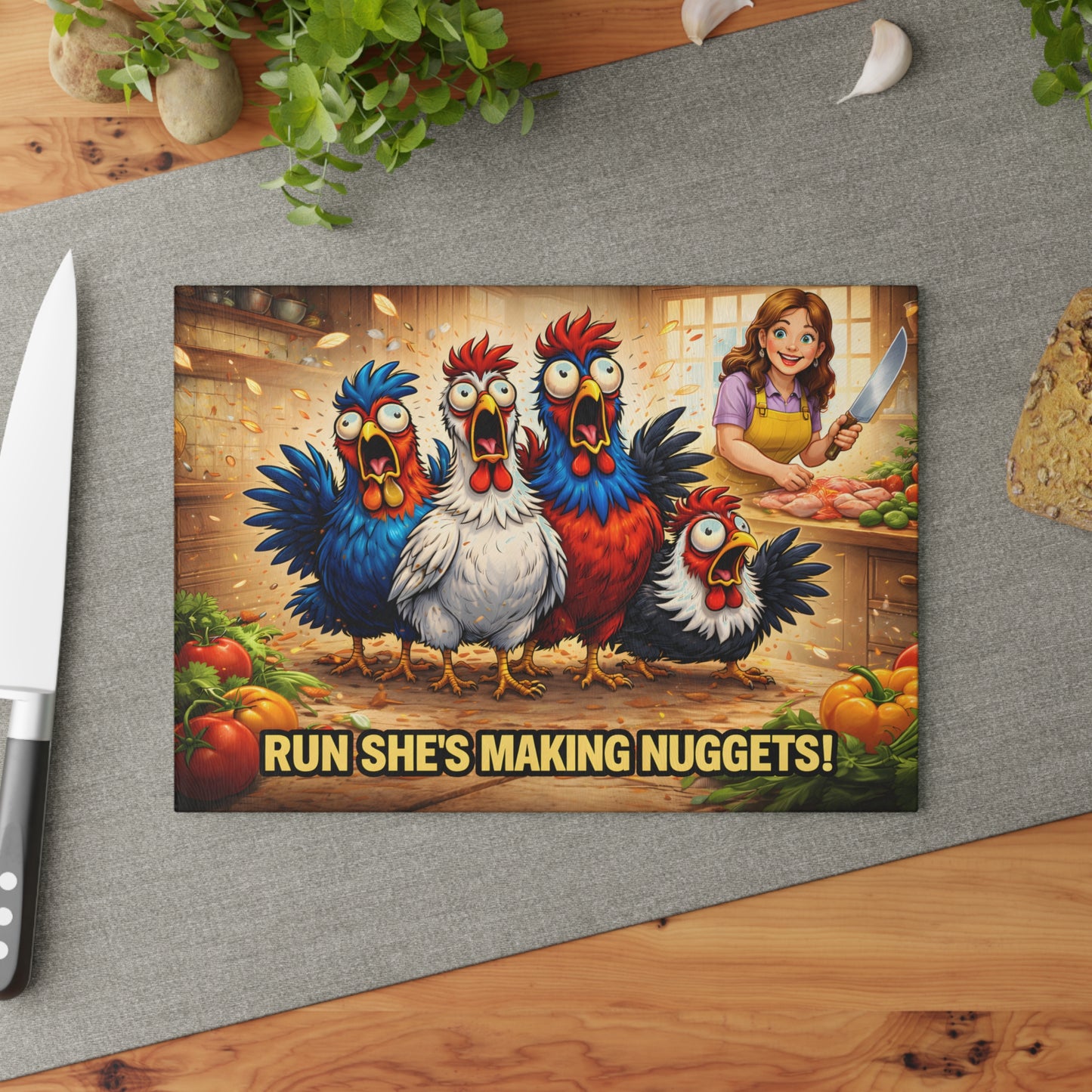 Run She’s Making Nuggets! Glass Cutting Board – Funny Chicken Kitchen Art