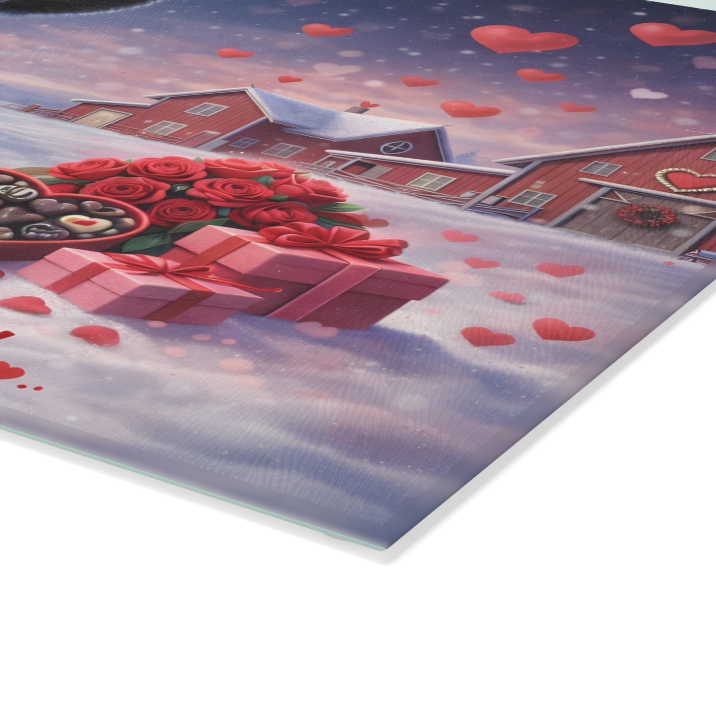 Valentine Calf Moonlight Farm Glass Cutting Board – Cozy Winter Farm Love Scene Kitchen Accent