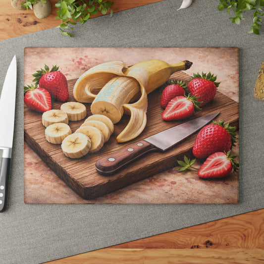 Banana and Strawberry Kitchen Art Glass Cutting Board – Rustic Breakfast Inspired Design