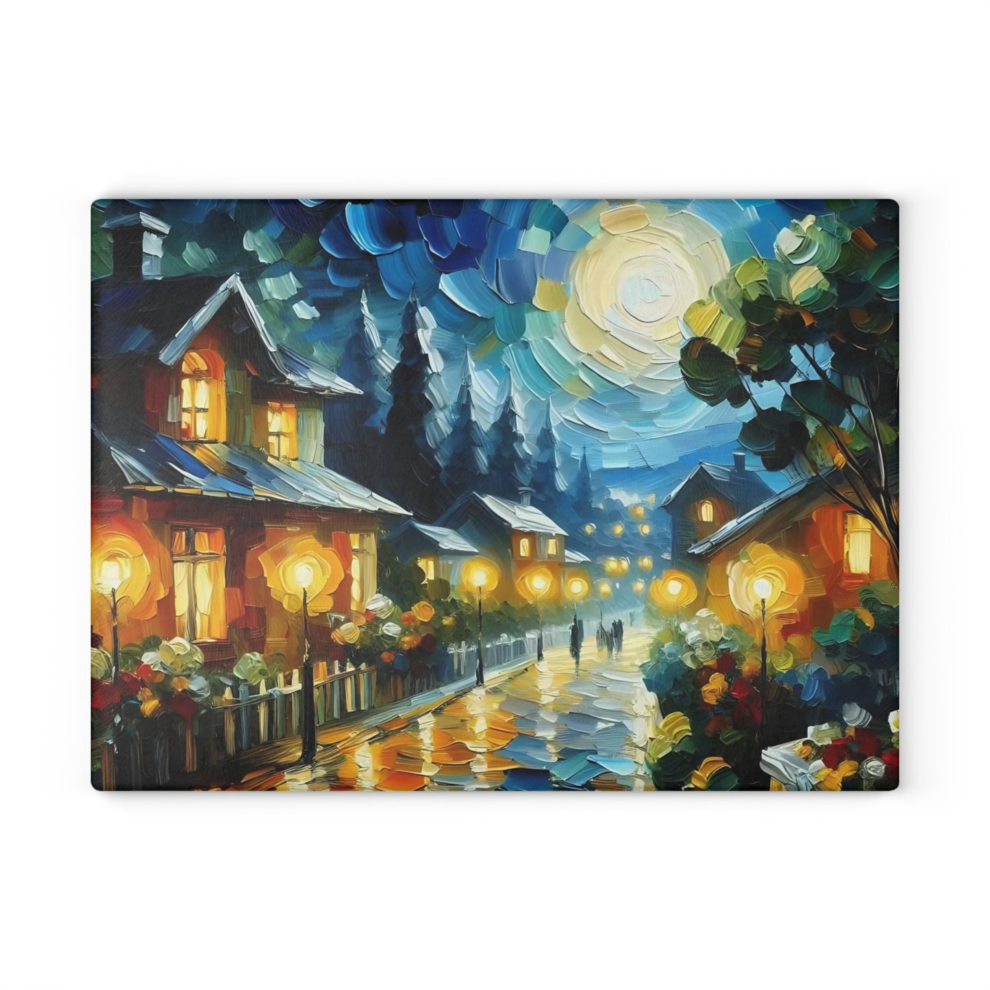 Cozy Moonlit Village Glass Cutting Board