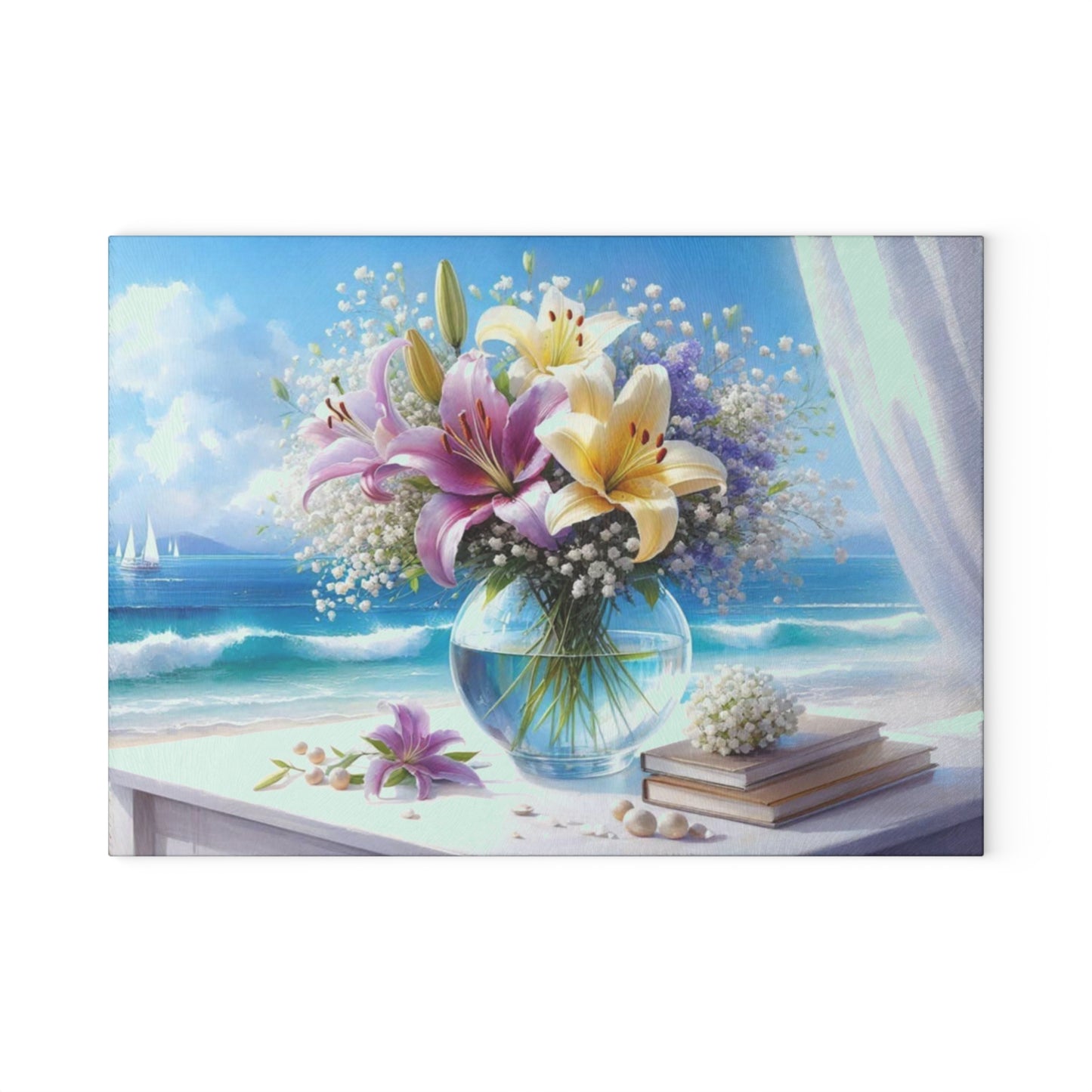Tabla de cortar Ocean Breeze Lily: elegante decoración de cocina con escena playera floral