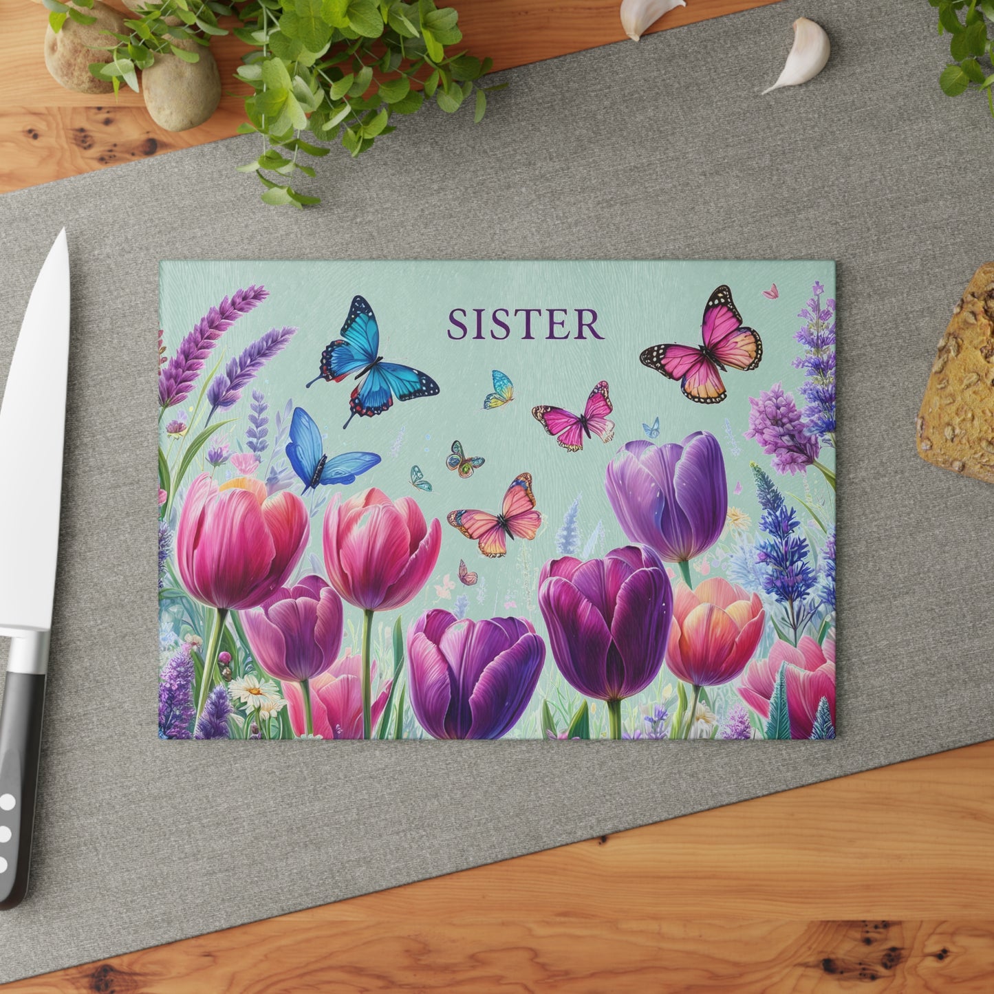 🦋 Sister Butterfly & Tulip Cutting Board – Floral Elegance for Her Kitchen 🌷