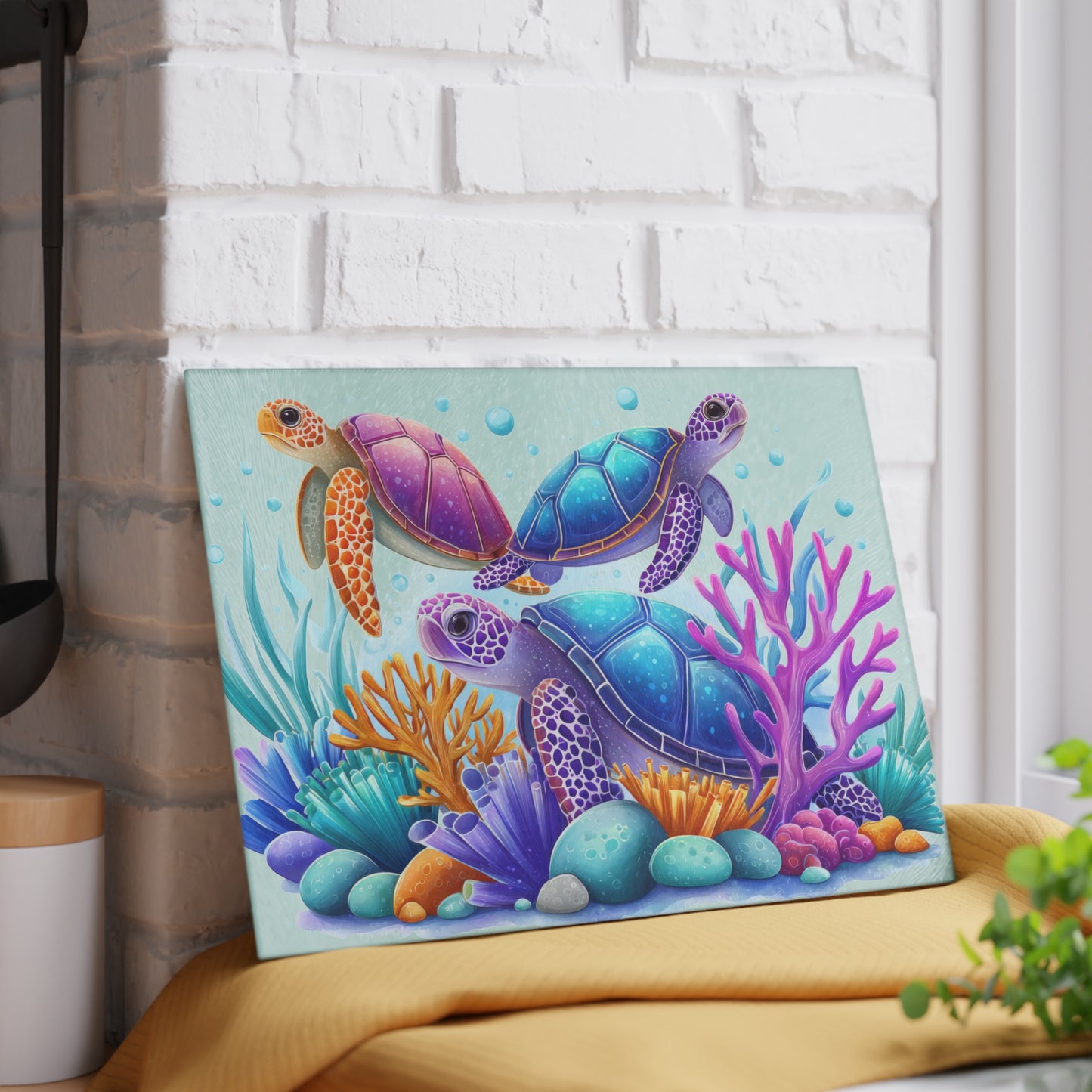 Tabla de cortar con tres tortugas marinas de colores: la alegría del océano se fusiona con la magia submarina