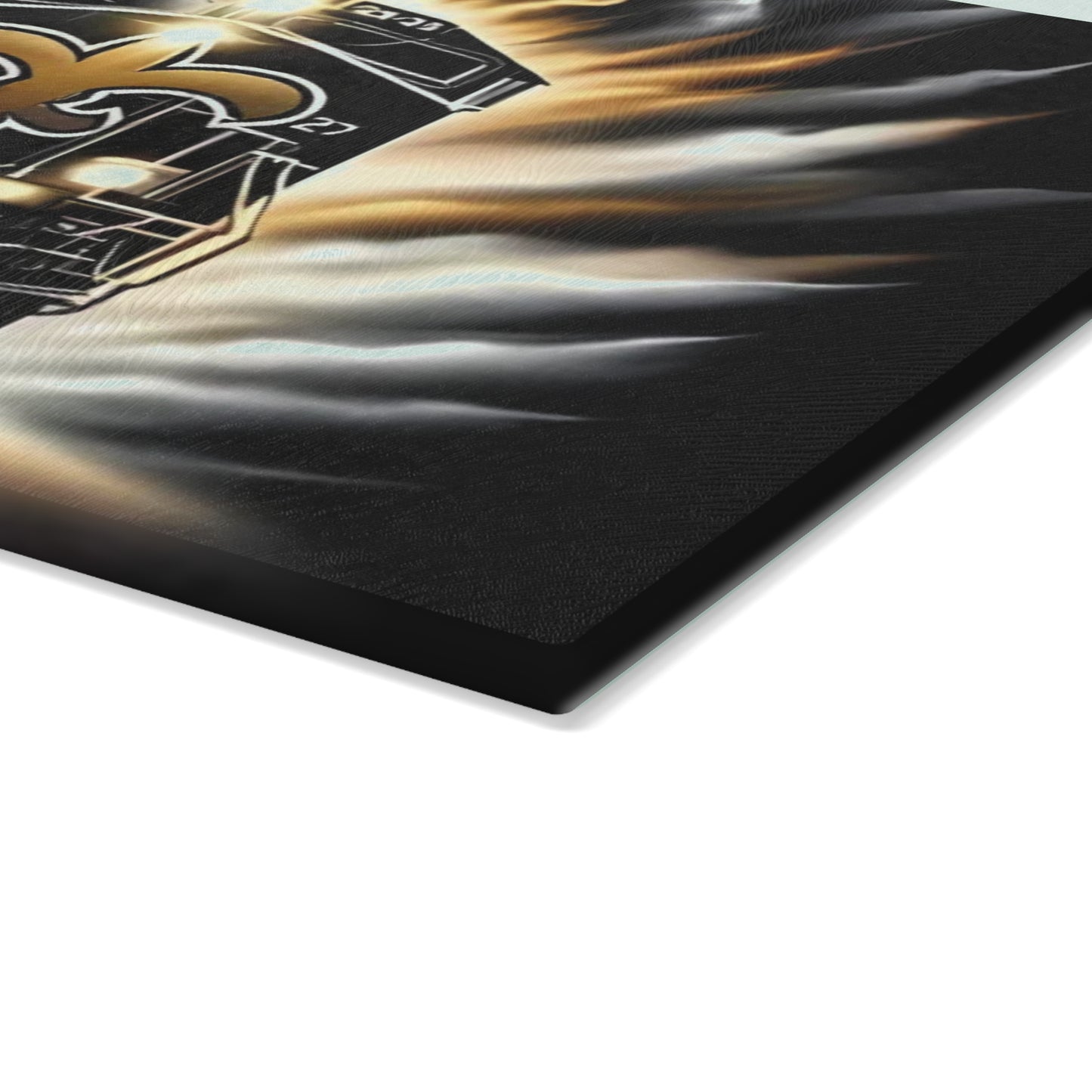 Black & Gold Express Glass Cutting Board – Luxe Train Art for Sophisticated Kitchens