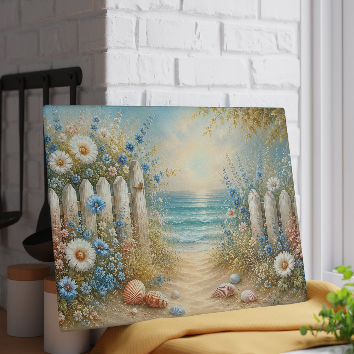 Coastal Floral Beach Path Glass Cutting Board