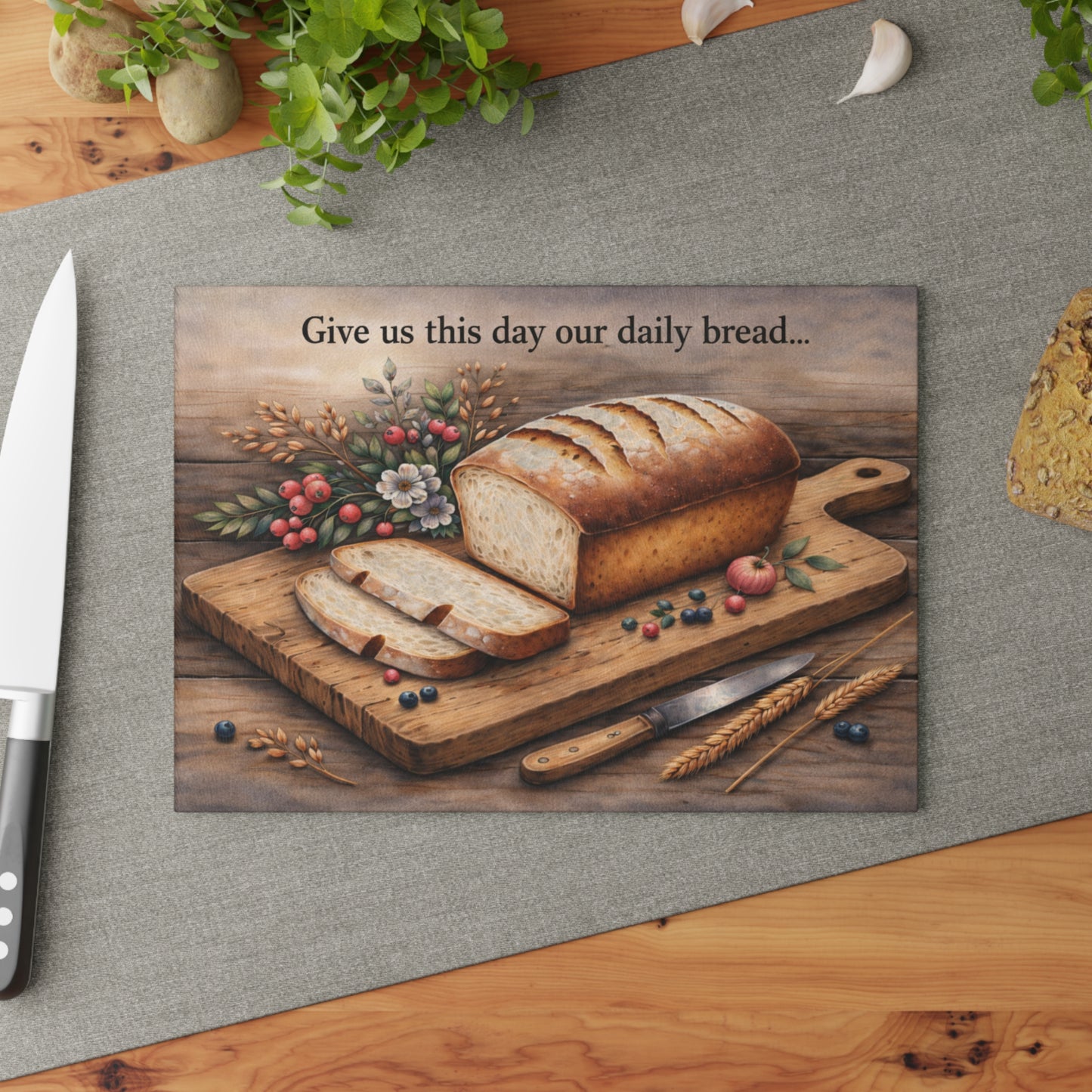 Rustic Artisan Bread Glass Cutting Board – Farmhouse Kitchen Artwork