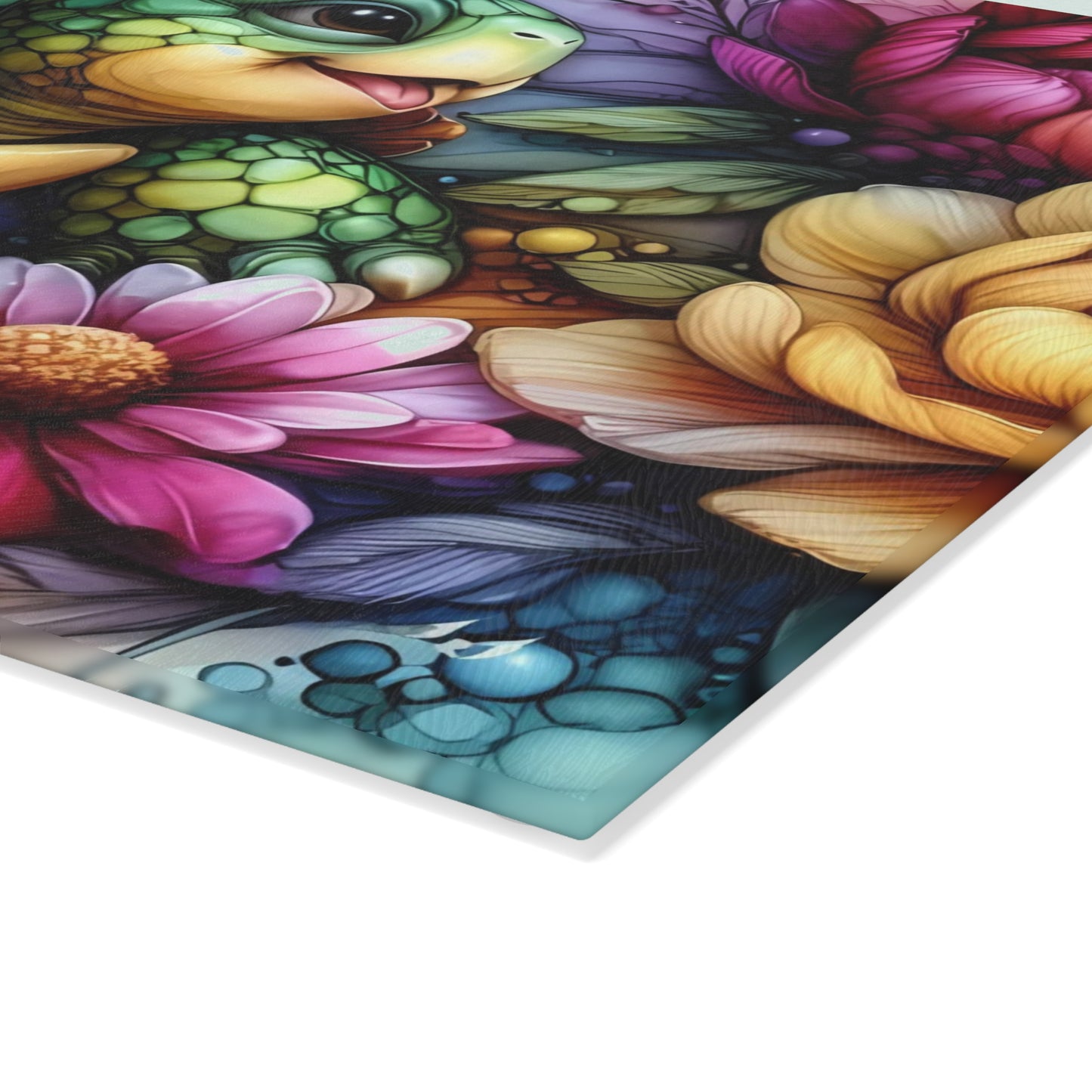 Tortoise in Bloom Glass Cutting Board – Floral Wildlife Kitchen Art