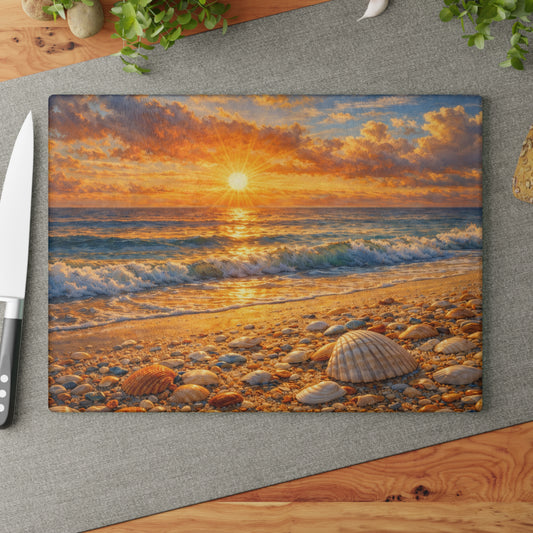 Golden Beach Sunrise Glass Cutting Board – Coastal Seashell Ocean Art