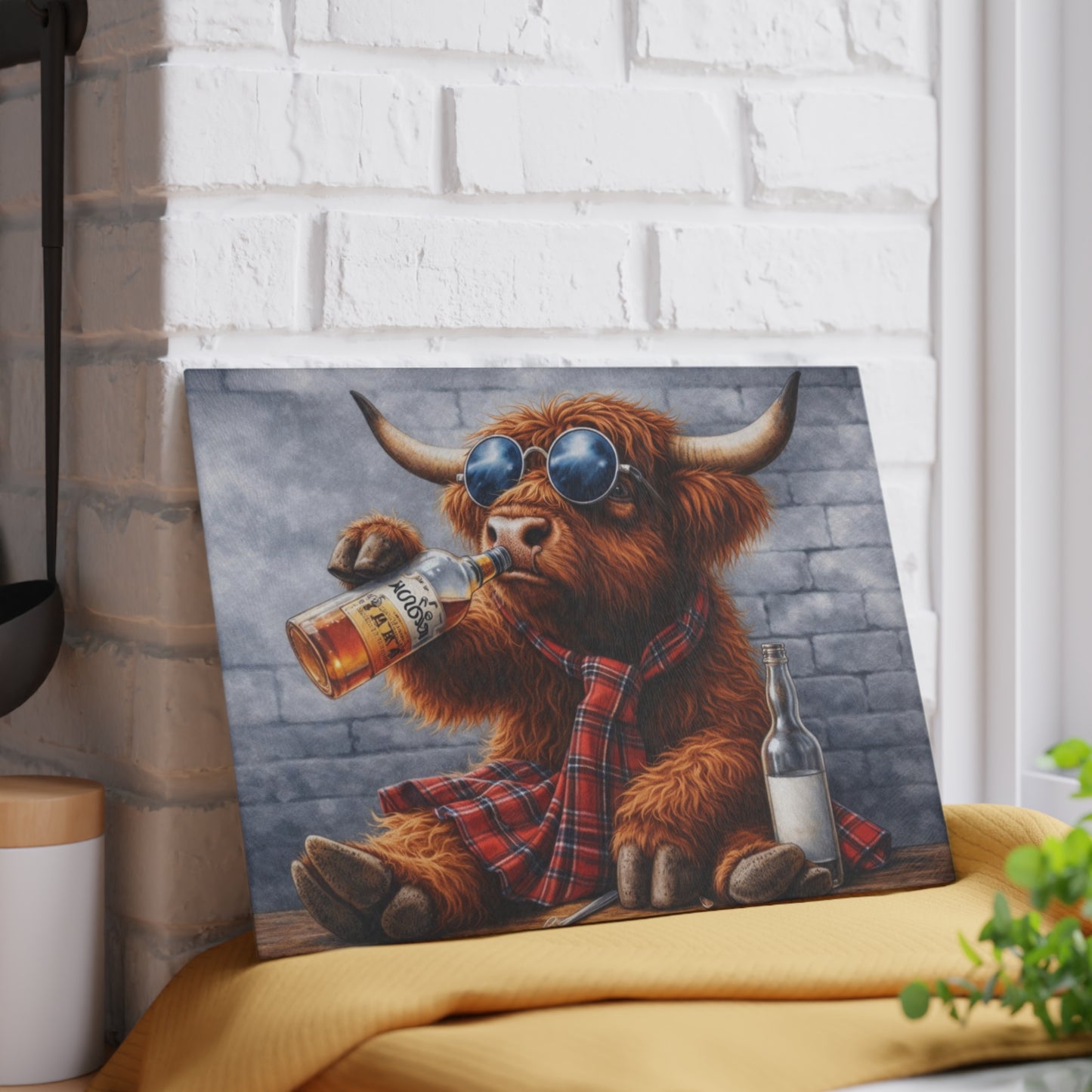 Cool Shades Highland Cow Glass Cutting Board – Playful Farm Bar Art with Bold Rustic Attitude