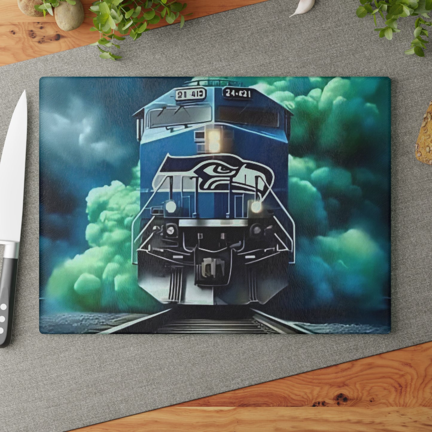 Navy & Bright Green Express Glass Cutting Board – Bold Train Art for Modern Kitchens