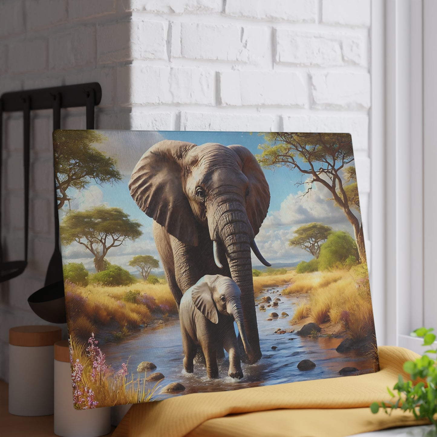 Mama Elephant and baby tempered glass cutting board