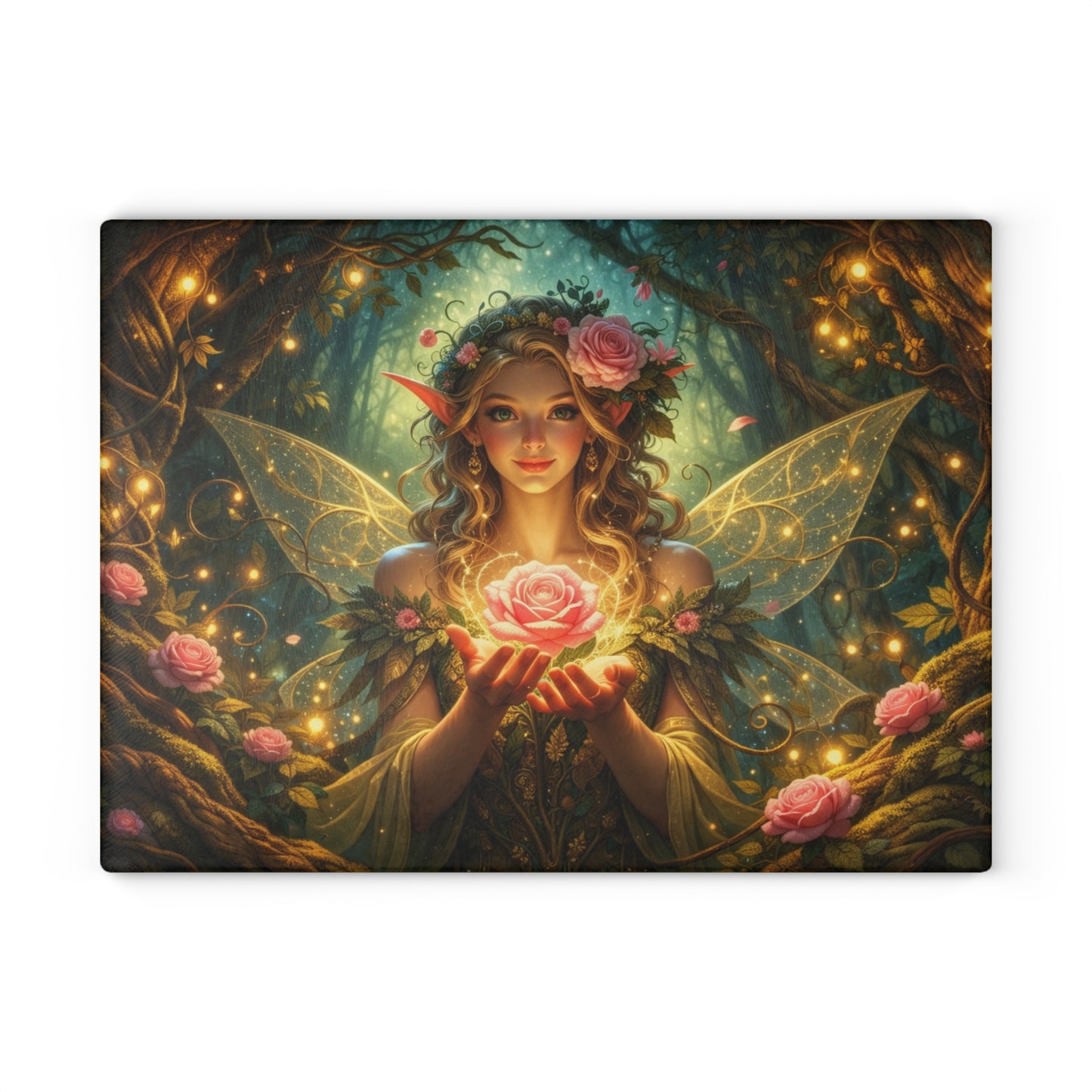Enchanted Forest Fairy Glass Cutting Board – Magical Rose Fantasy Art Kitchen Decor