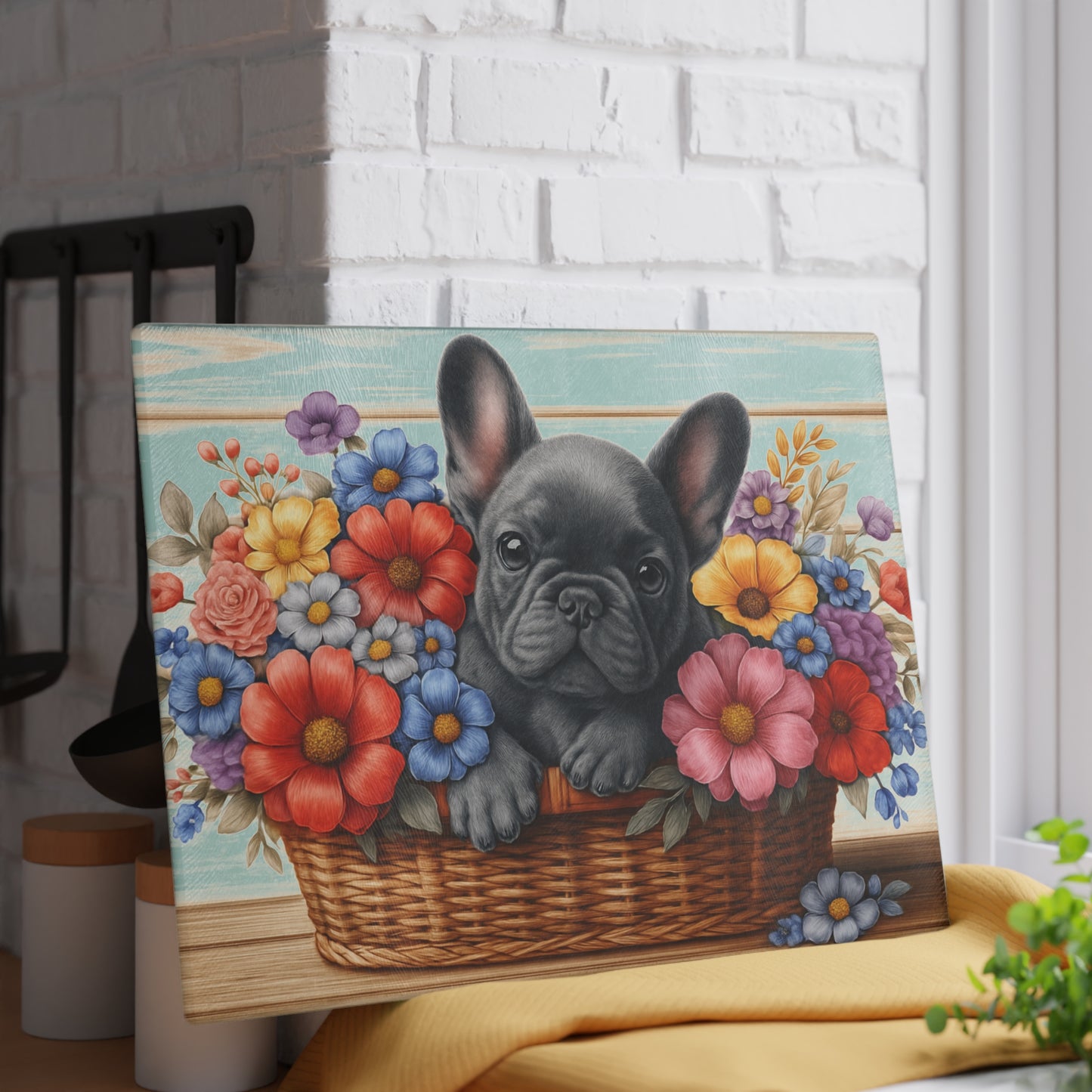 🐾 Gray French Bulldog in Bloom Basket Cutting Board – Frenchie Charm Meets Floral Elegance 🌸
