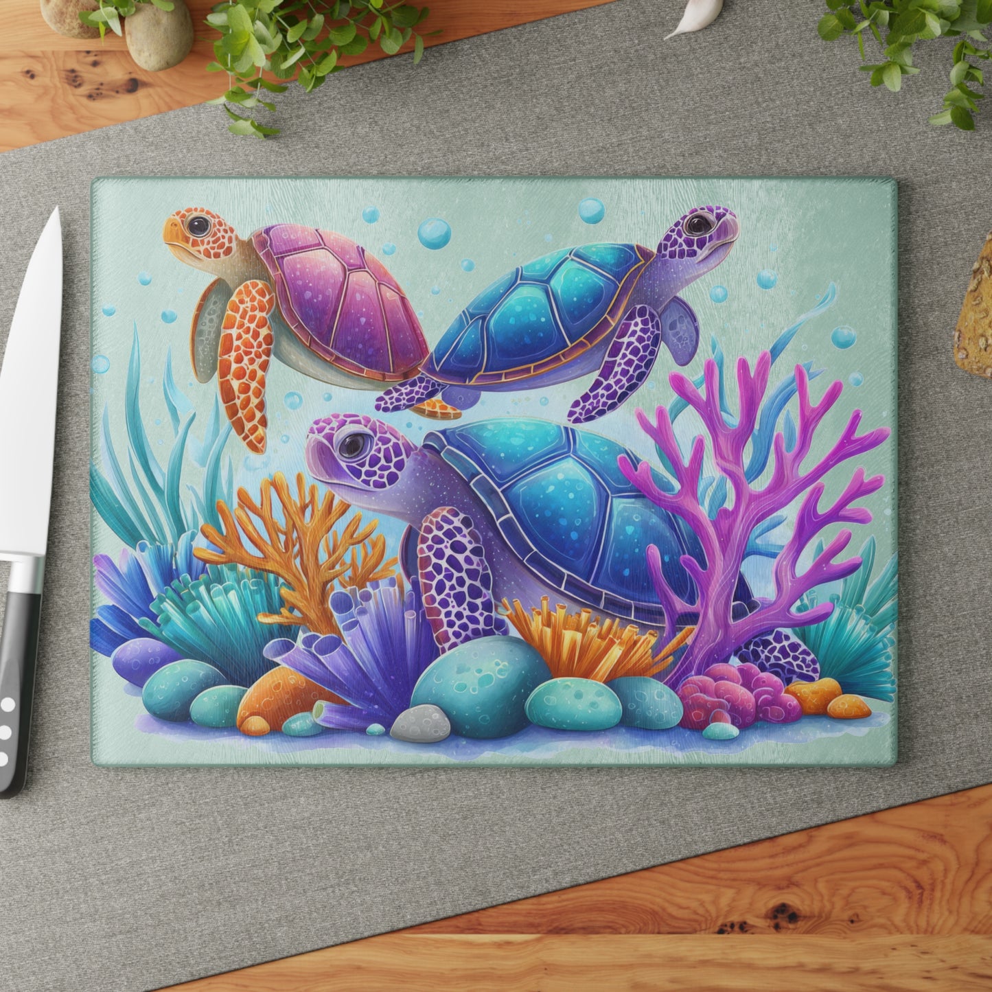 Tabla de cortar con tres tortugas marinas de colores: la alegría del océano se fusiona con la magia submarina