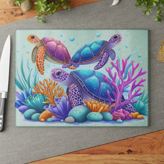 Tabla de cortar con tres tortugas marinas de colores: la alegría del océano se fusiona con la magia submarina
