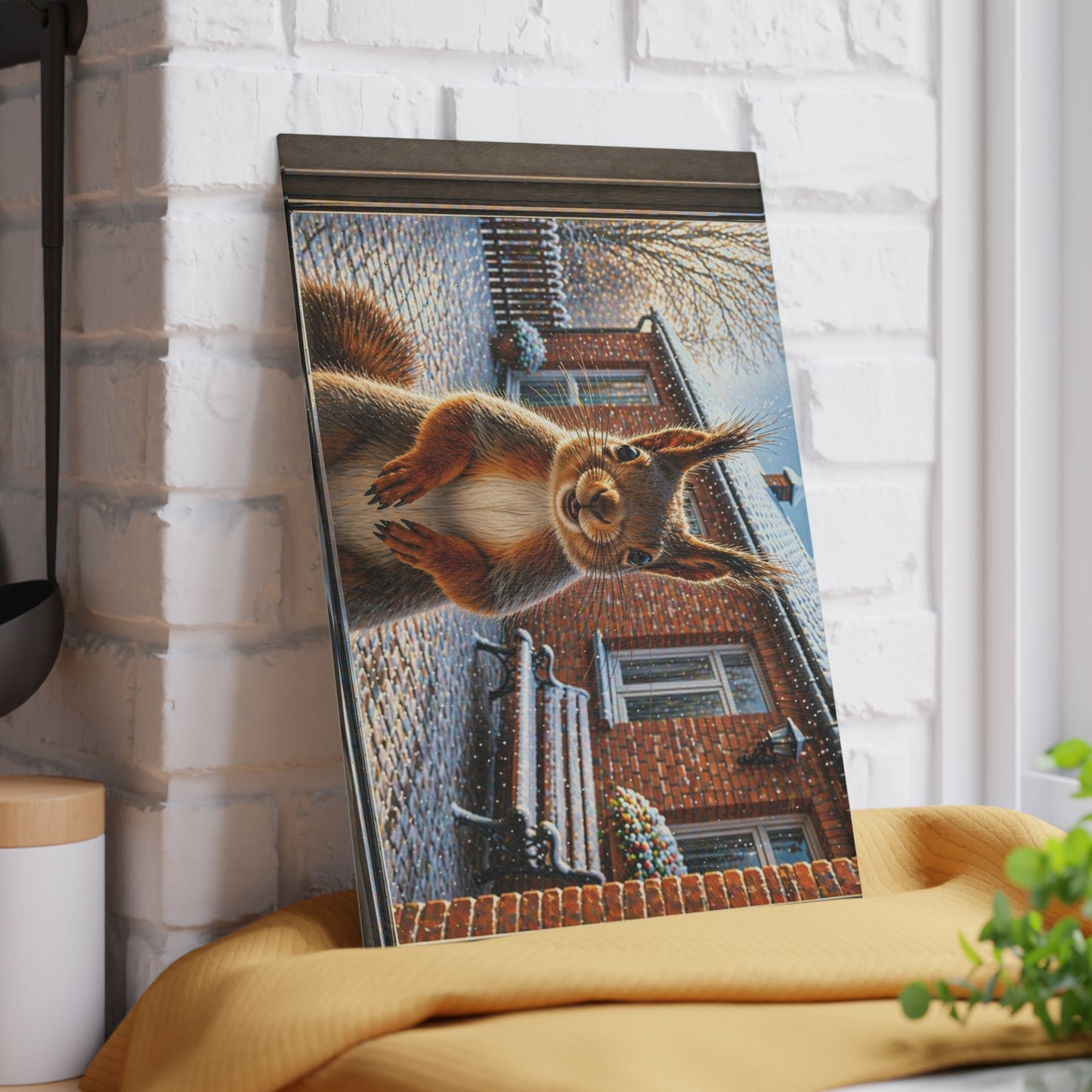Winter Squirrel Window Glass Cutting Board