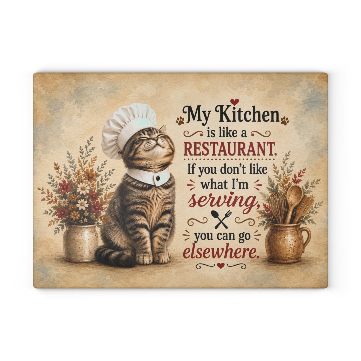 My Kitchen Is Like a Restaurant Glass Cutting Board – Funny Chef Cat Kitchen Decor with Humorous Quote