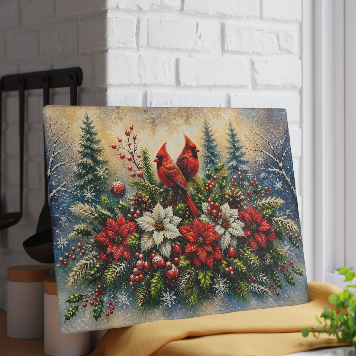 Christmas Cardinals & Poinsettias Glass Cutting Board – Winter Holiday Kitchen Decor