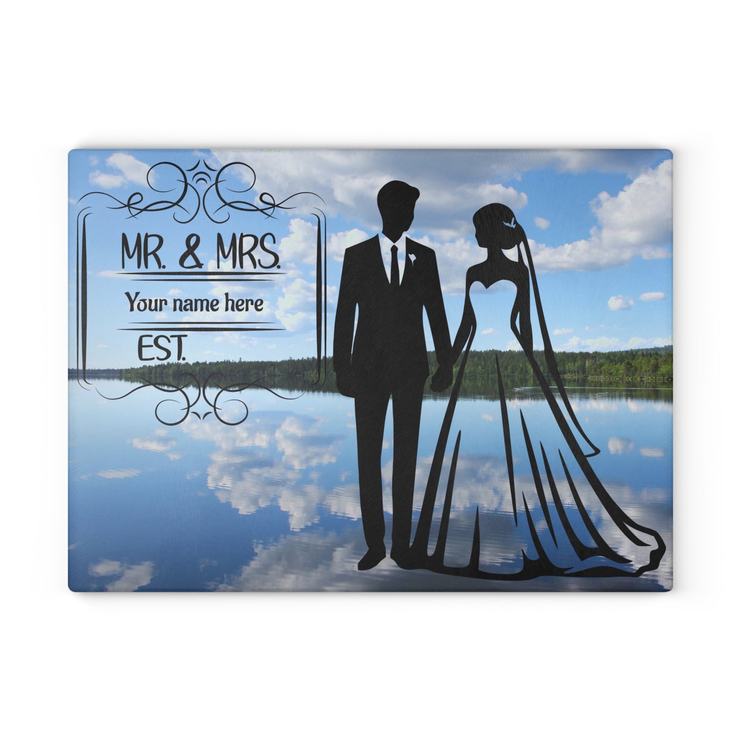 Tabla de cortar "Reflejos del Sr. y la Sra. en el lago": regalo de boda personalizado con un encanto inspirado en la naturaleza
