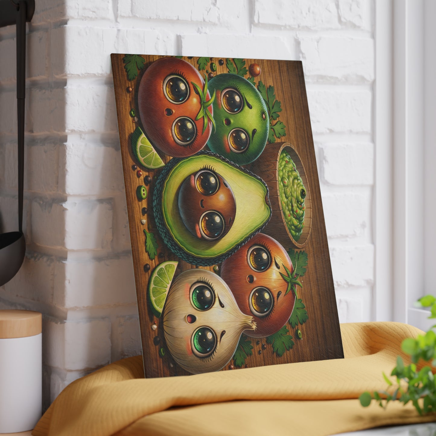 Cute Avocado & Veggie Glass Cutting Board – Whimsical Kitchen Art with Guacamole Charm