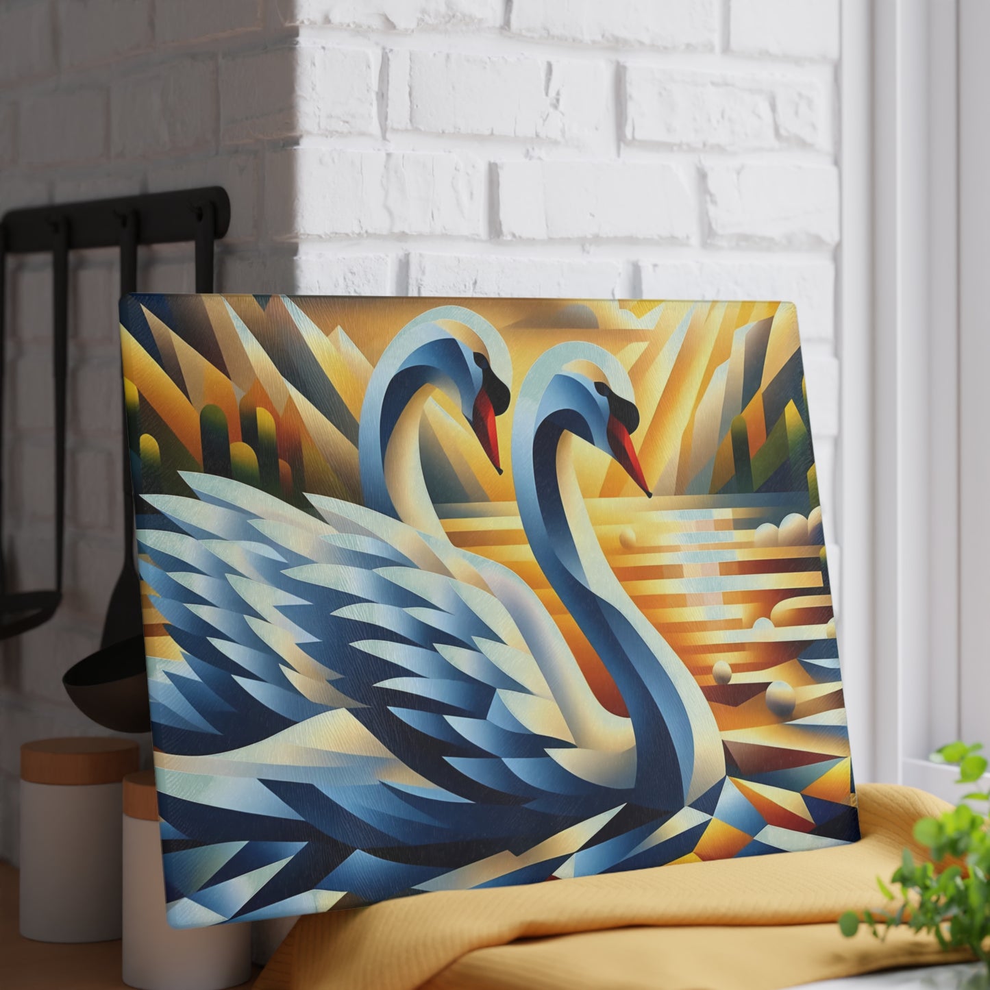 Two Cubist Swans Glass Cutting Board – Artistic River Scene