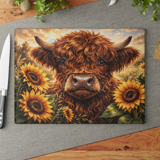 Sunflower Meadow Highland Cow Glass Cutting Board – Warm Farmhouse Floral Art with Country Charm