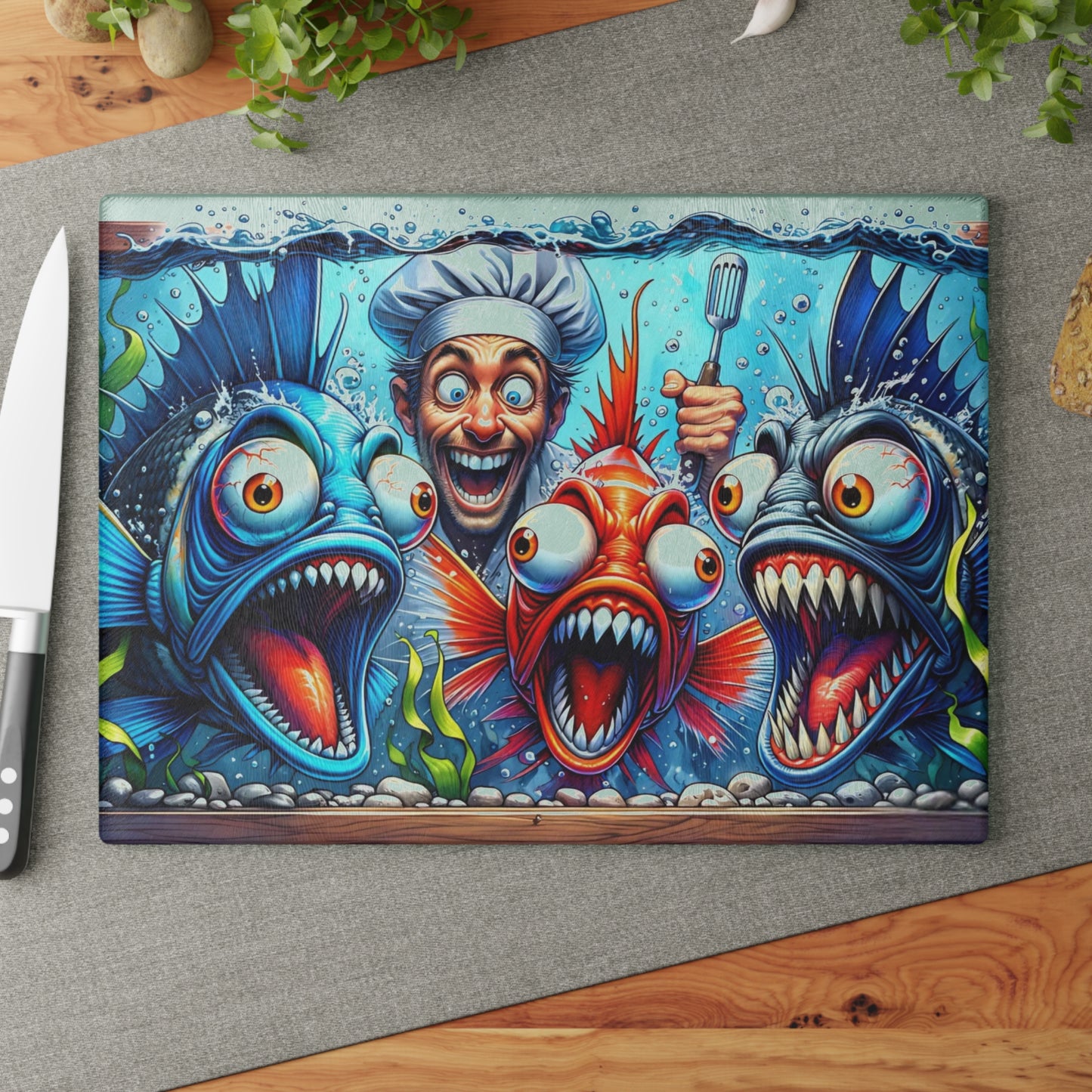 🐟👨‍🍳 “Kitchen Chaos: Fish & Chef” Glass Cutting Board – Cozy Charm for Your Kitchen