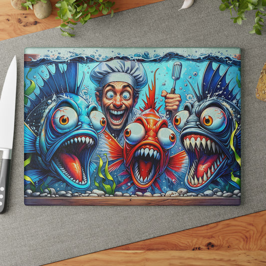 🐟👨‍🍳 “Kitchen Chaos: Fish & Chef” Glass Cutting Board – Cozy Charm for Your Kitchen