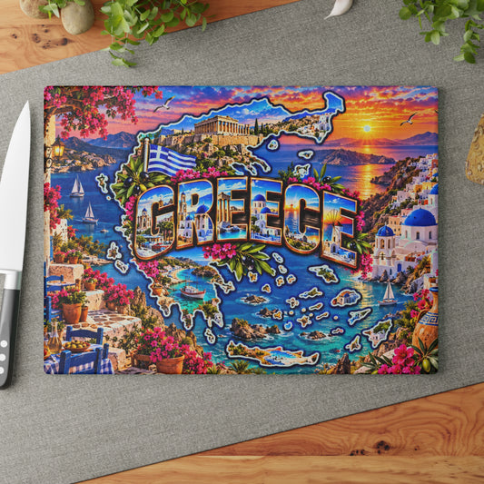 Greece Cutting Board – Greek Islands Map, Santorini Blue Domes, Parthenon, Aegean Sea & Mediterranean Kitchen Décor