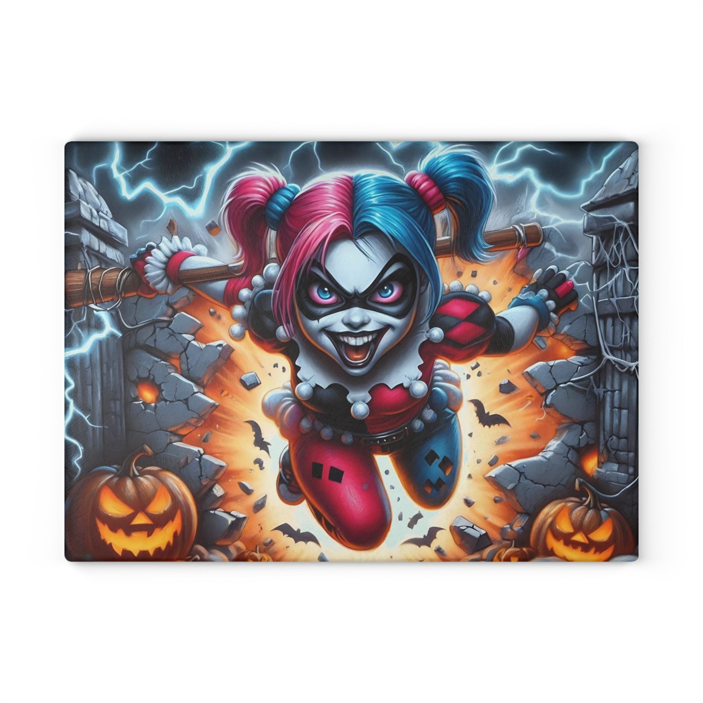 🎃 Mad Clown Girl Cutting Board – Explosive Halloween Chaos with Lightning, Jack-O'-Lanterns & Mischief 💥🃏