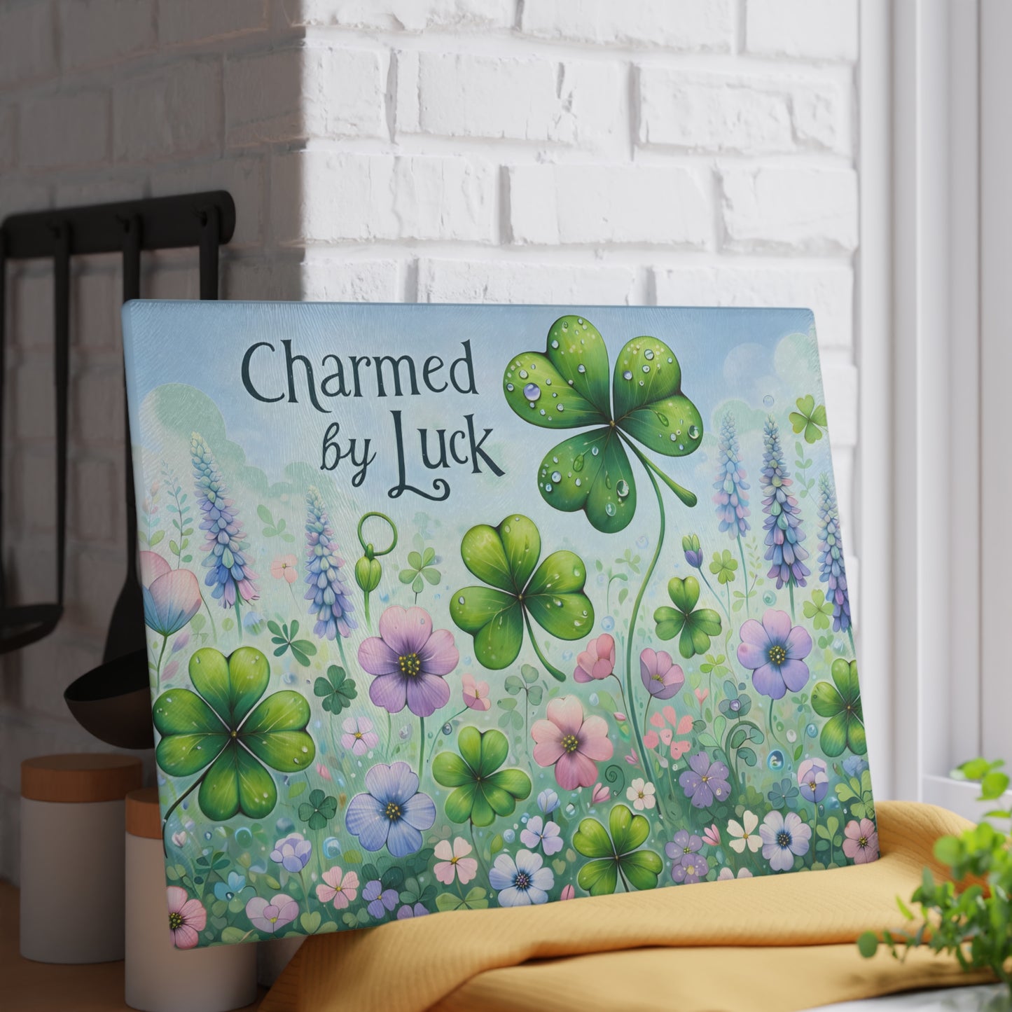 Charmed by Luck Floral Shamrock Glass Cutting Board – Whimsical St. Patrick’s Day Kitchen Art