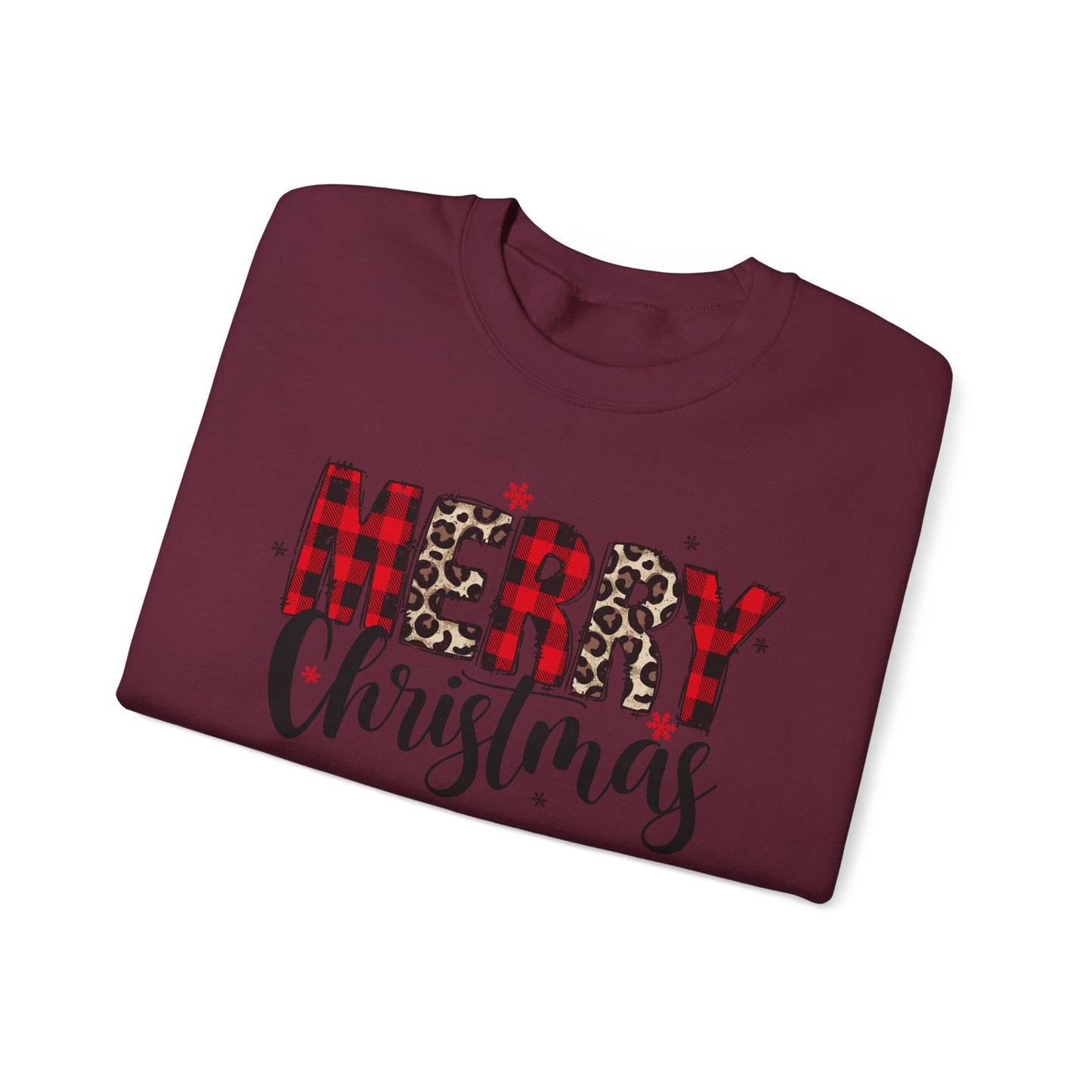 🎄🖤 Merry Christmas Buffalo Plaid & Leopard Crewneck – Cozy Unisex Holiday Pullover