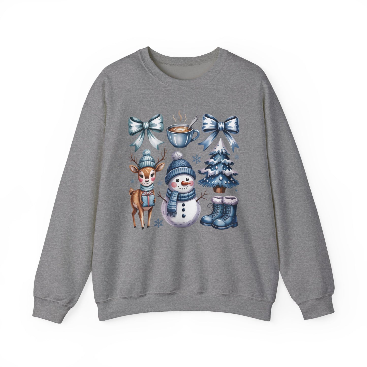 ❄️💙 Cozy Winter Vibes Crewneck – Reindeer, Snowman, Cocoa & Bows