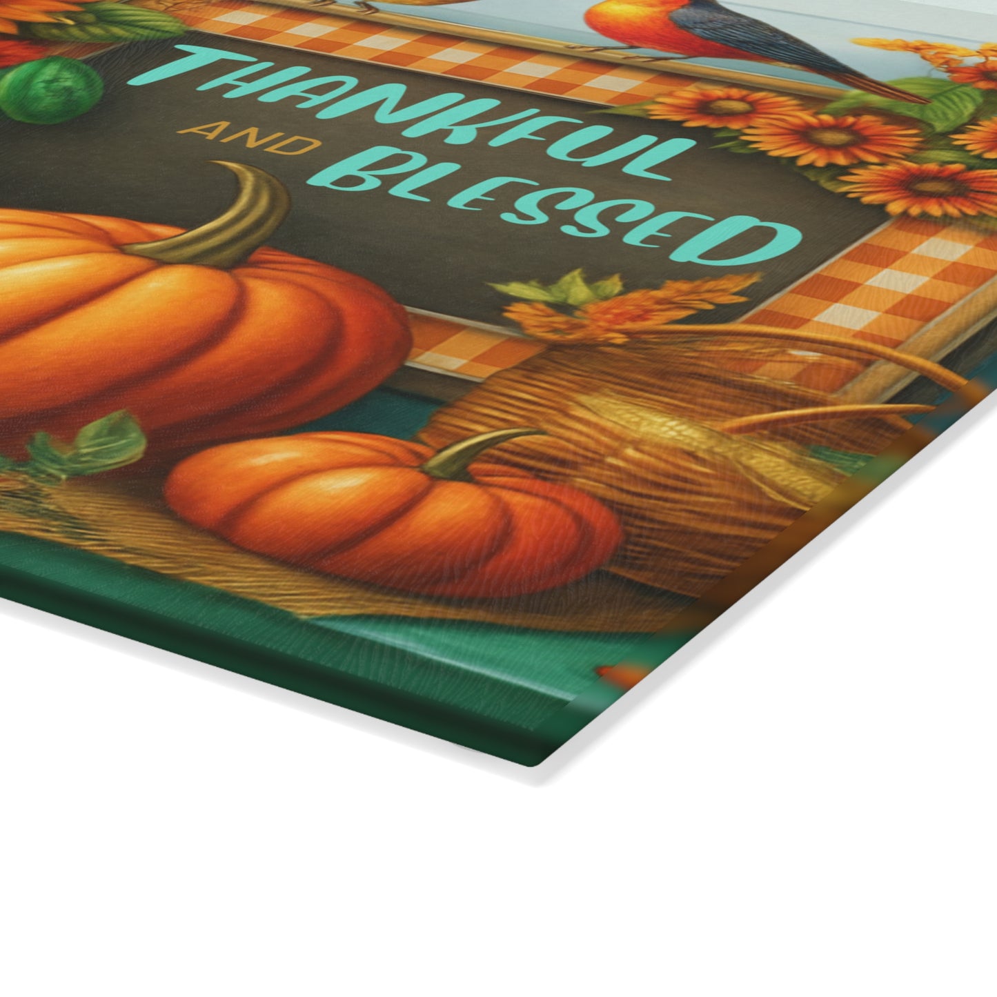 🍂🌻 “Thankful & Blessed Harvest” Tempered Glass Board – Sunny Fall Kitchen Cheer