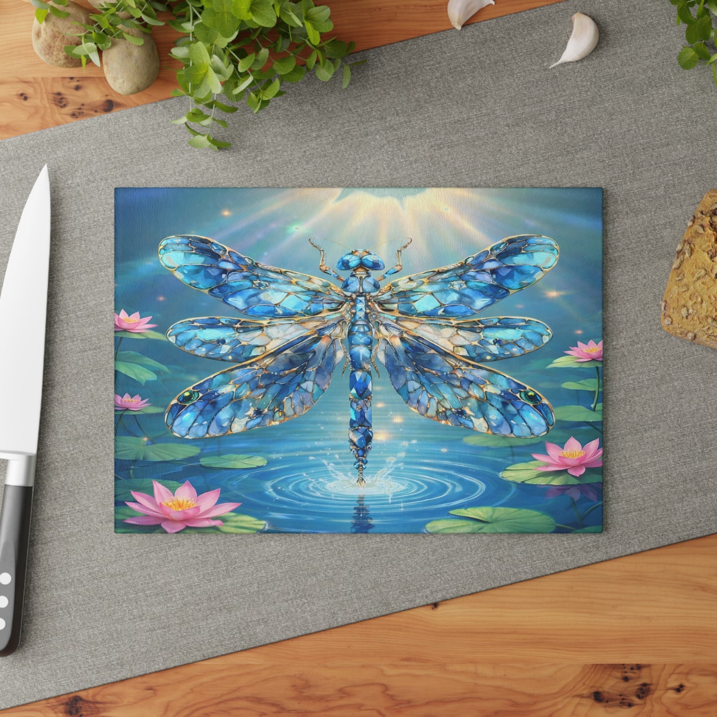 Radiant Dragonfly Glass Cutting Board – Tranquil Pond Art Kitchen Decor