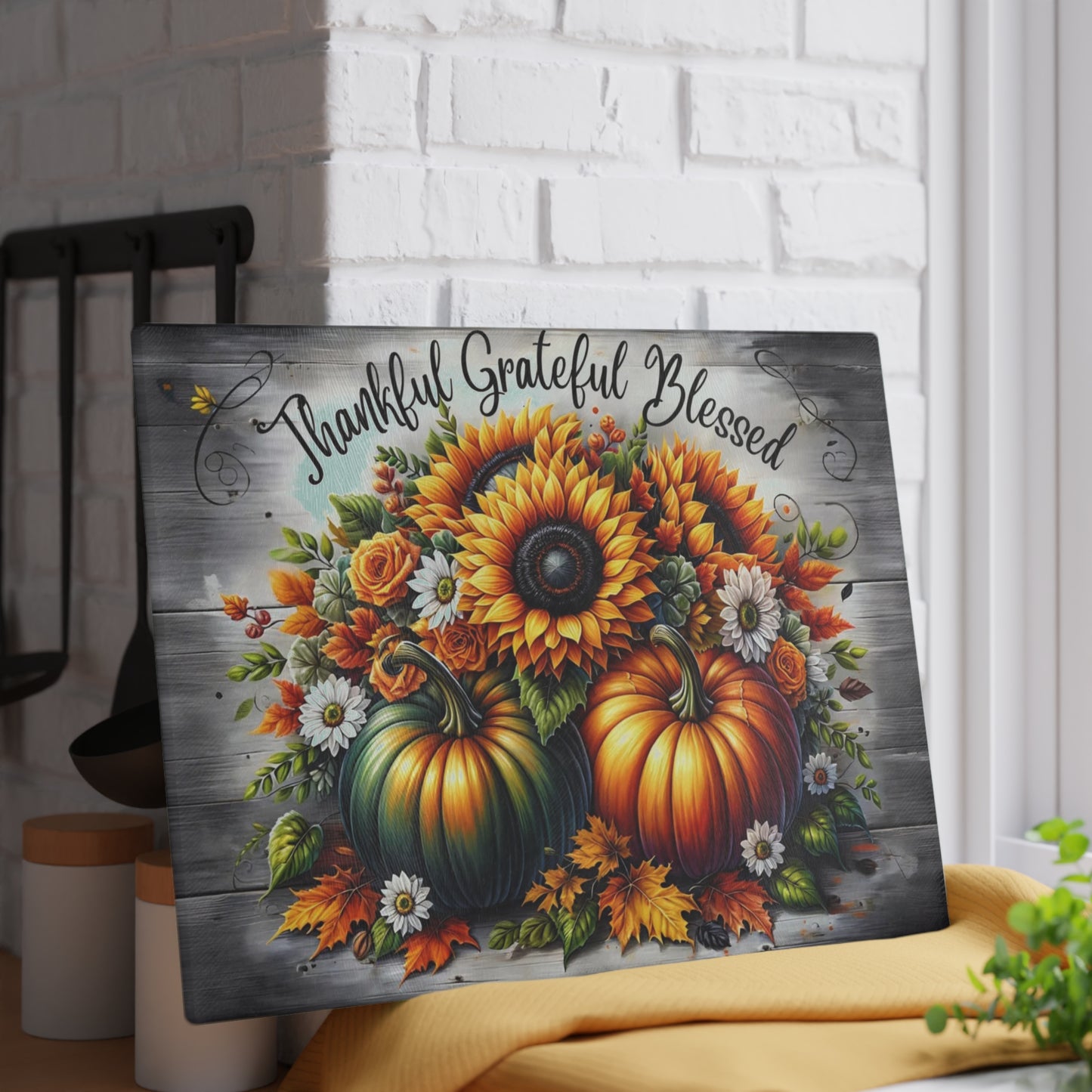 🌻🎃 Thankful Grateful Blessed Cutting Board – Autumn Sunflowers & Pumpkins for Seasonal Charm 🍁✨