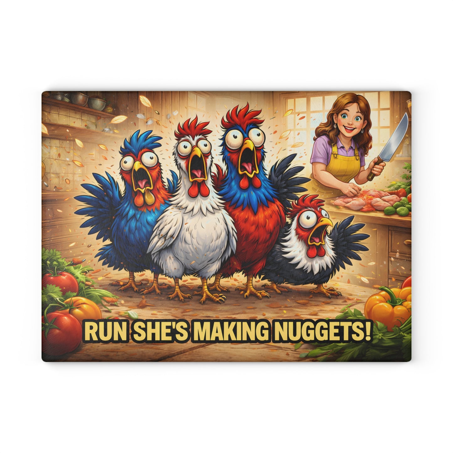 Run She’s Making Nuggets! Glass Cutting Board – Funny Chicken Kitchen Art