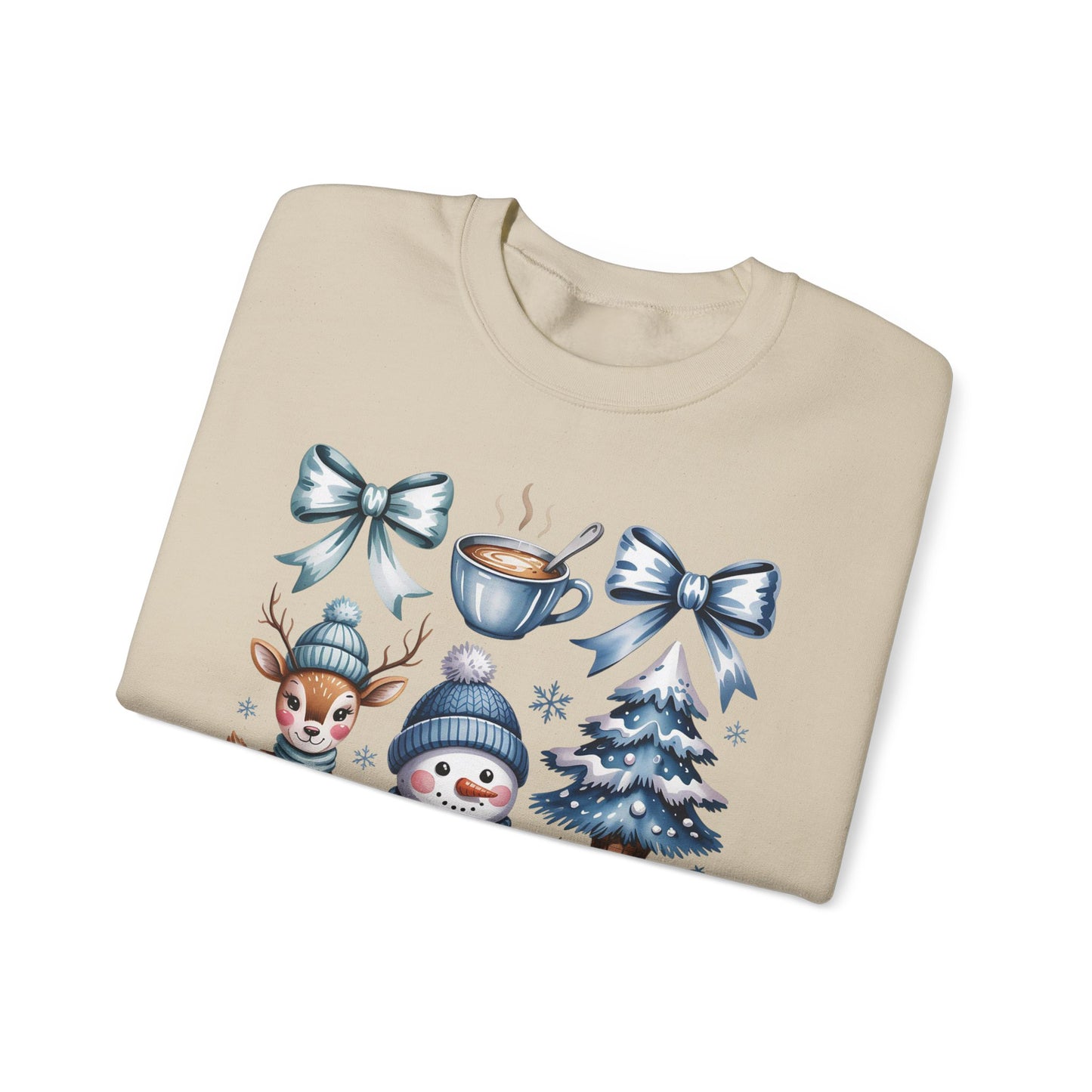 ❄️💙 Cozy Winter Vibes Crewneck – Reindeer, Snowman, Cocoa & Bows