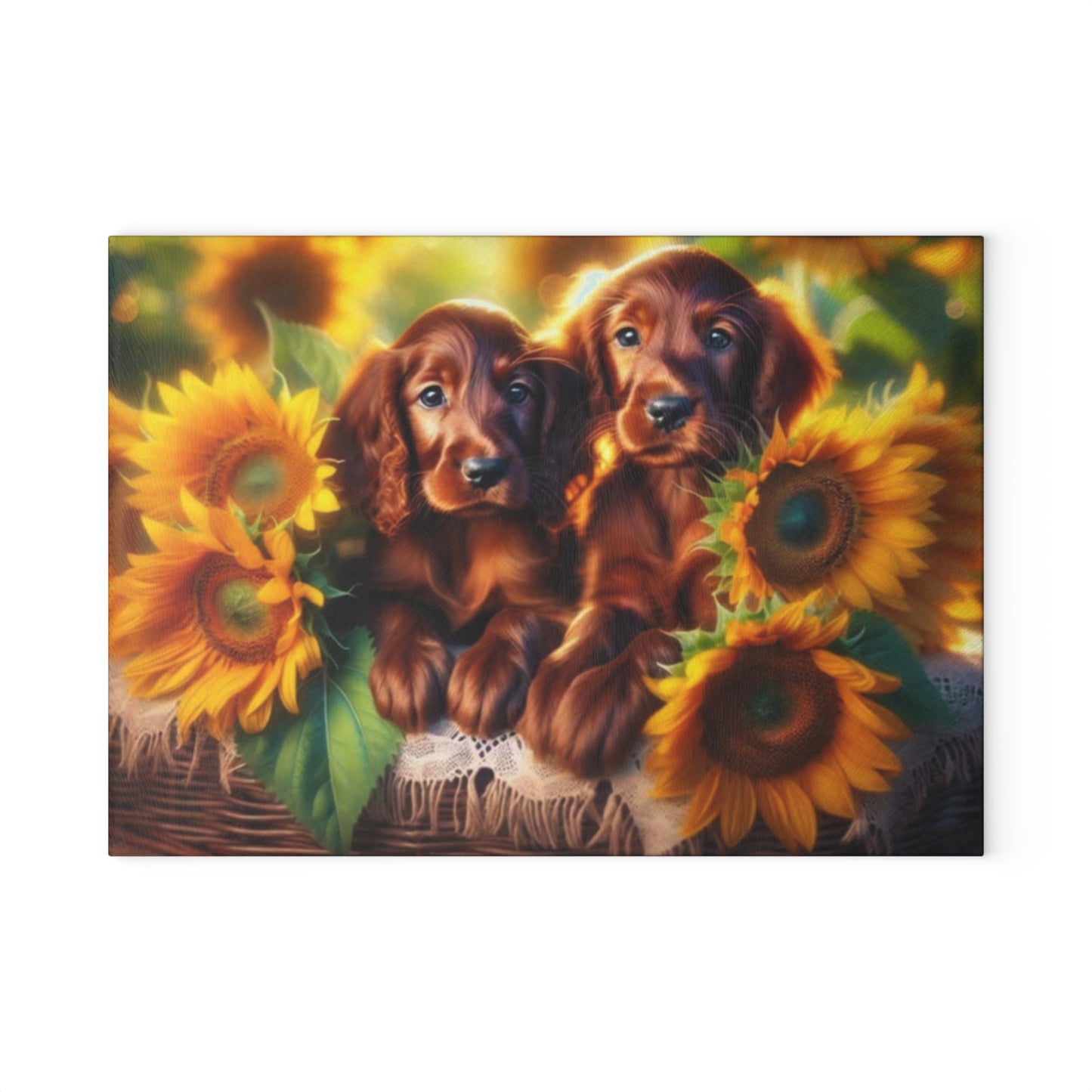 🐾 Sunflower Setter Pups Cutting Board – Golden Blooms & Puppy Love for Your Kitchen