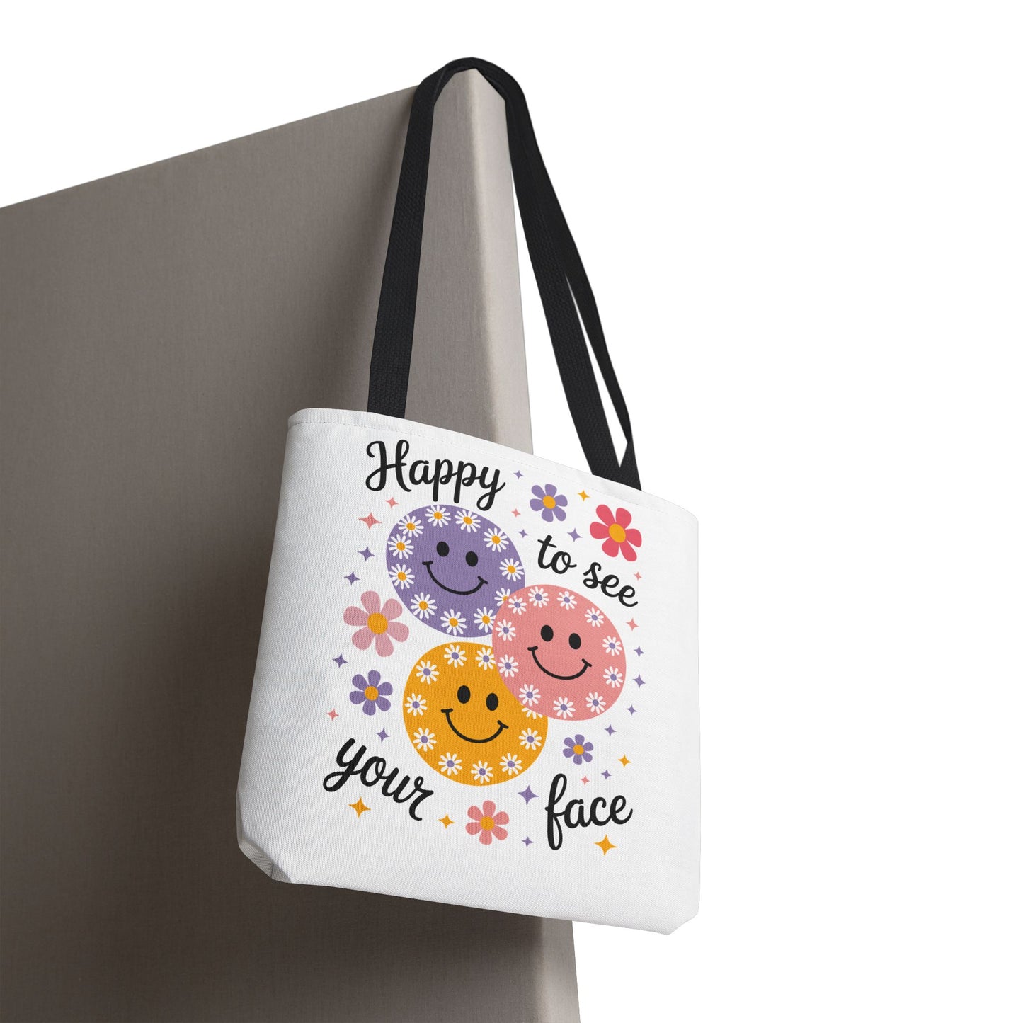 🌼 Happy Face Daisy Tote Bag – Retro Smiles with Floral Charm 🌸
