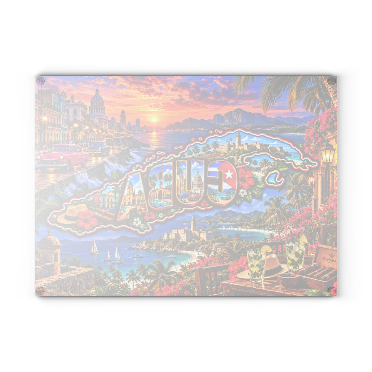 Cuba Map Cutting Board – Colorful Havana Landmarks, Classic Cars, Tropical Beaches, Cuban Flag & Caribbean Kitchen Décor