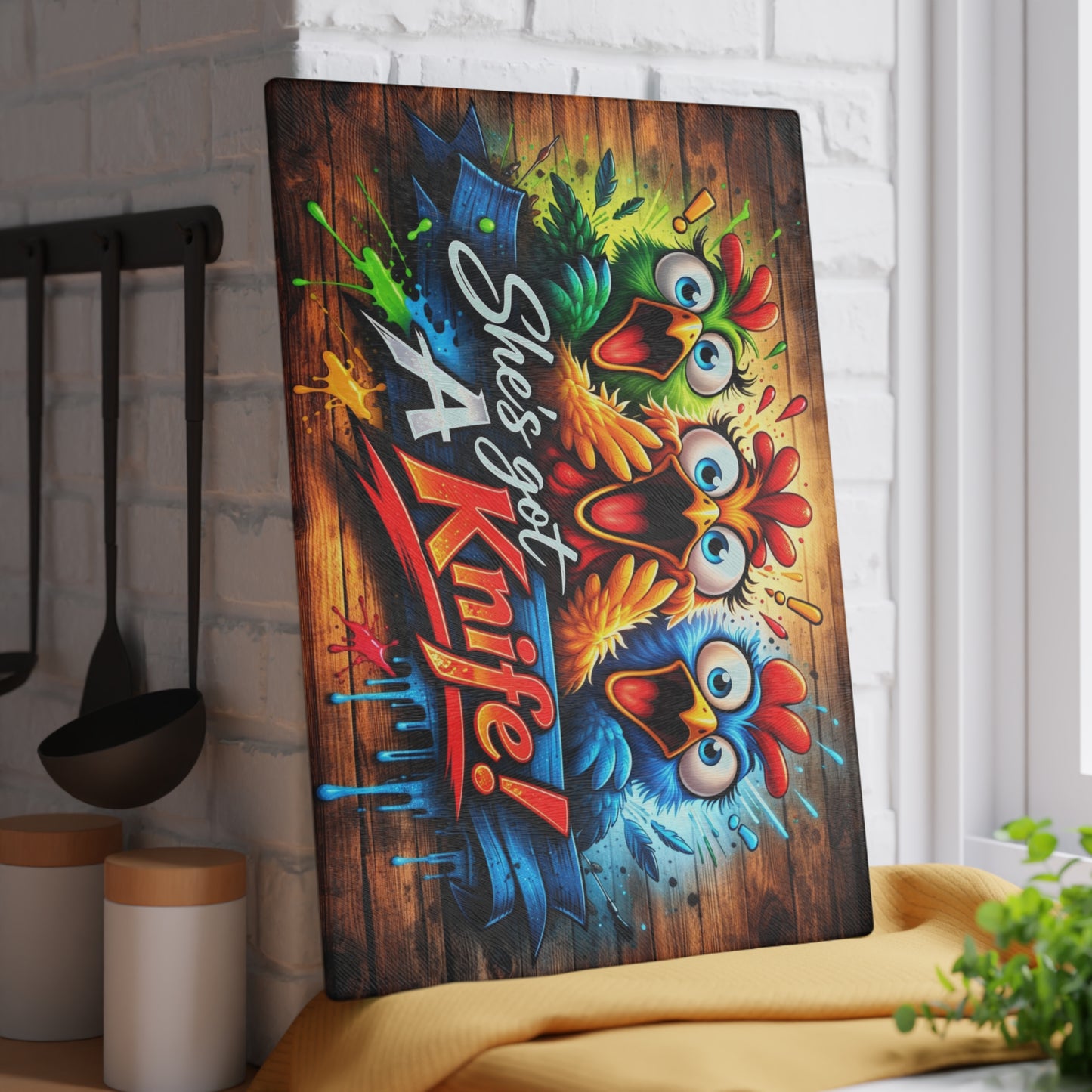 She’s Got a Knife! Glass Cutting Board – Hilarious Chicken Cartoon Kitchen Humor