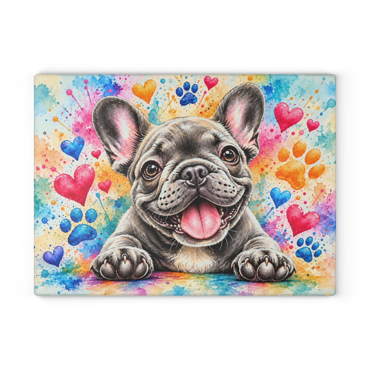 Adorable French Bulldog Tempered Glass Cutting Board – Colorful Watercolor Puppy with Hearts and Paw Prints – 11 × 15 Inches